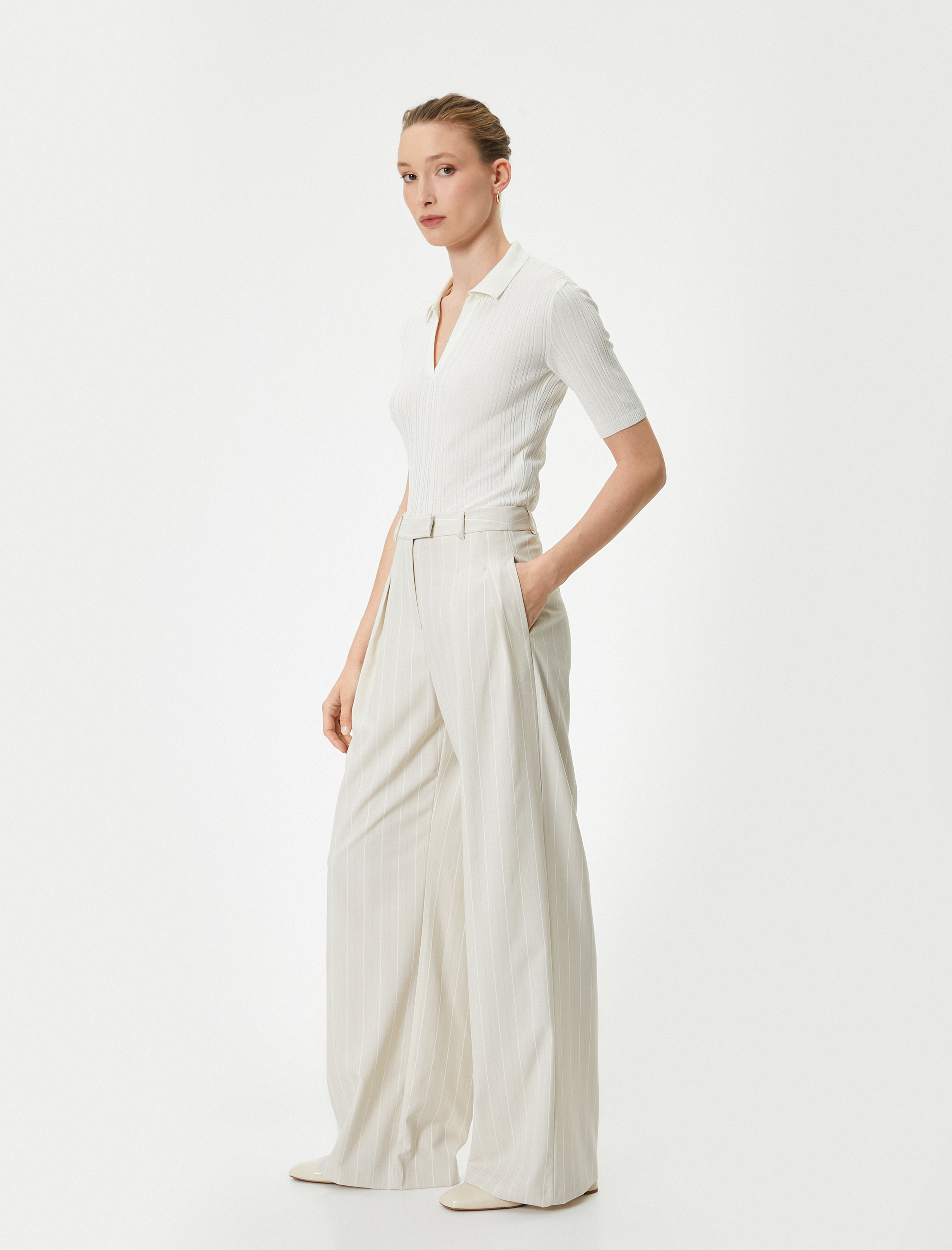   Bol Paça Palazzo Pantolon Normal Bel Cep Detaylı Viskon Karışımlı