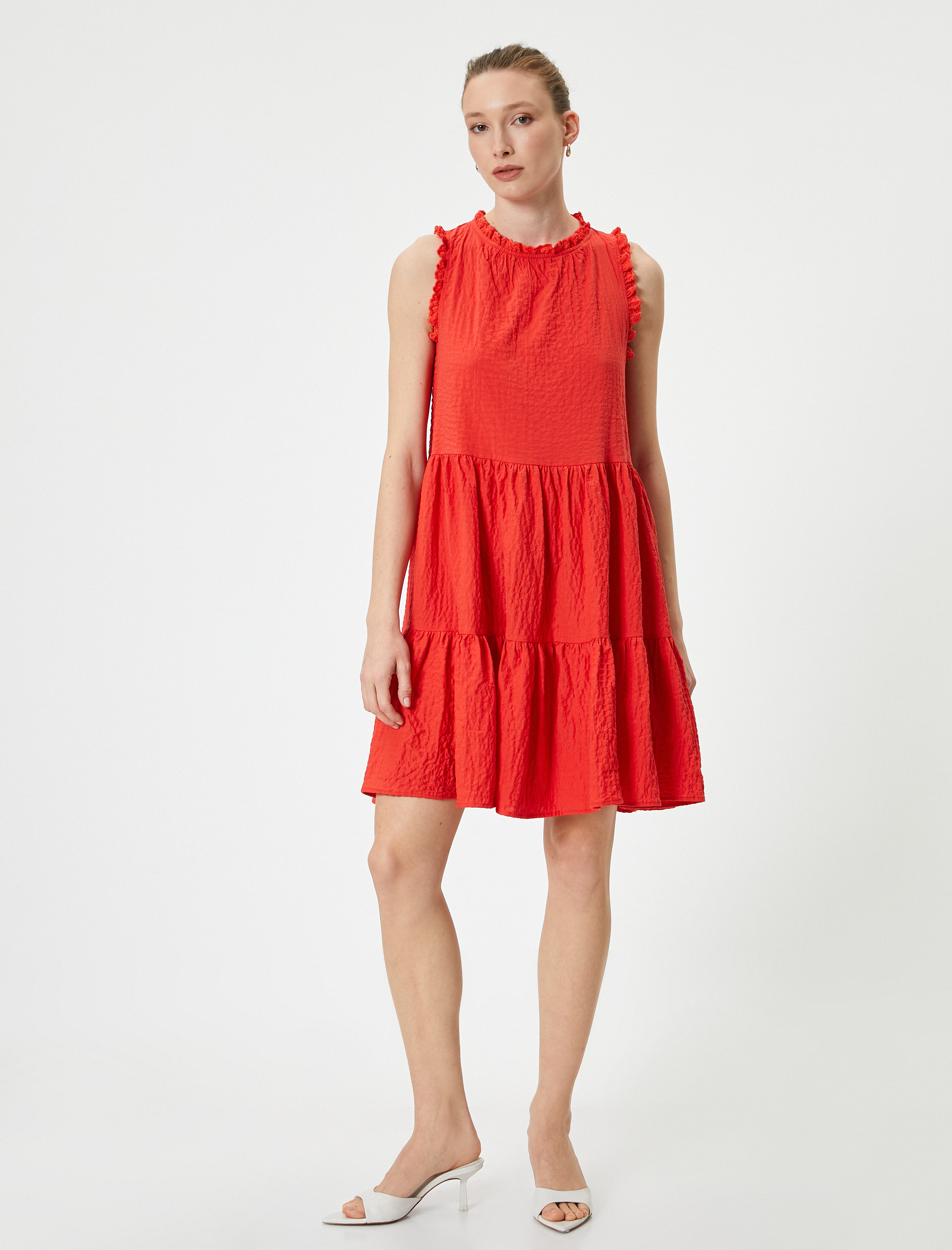   Mini Volanlı Fırfırlı Elbise Dokulu Kolsuz Bisiklet Yaka