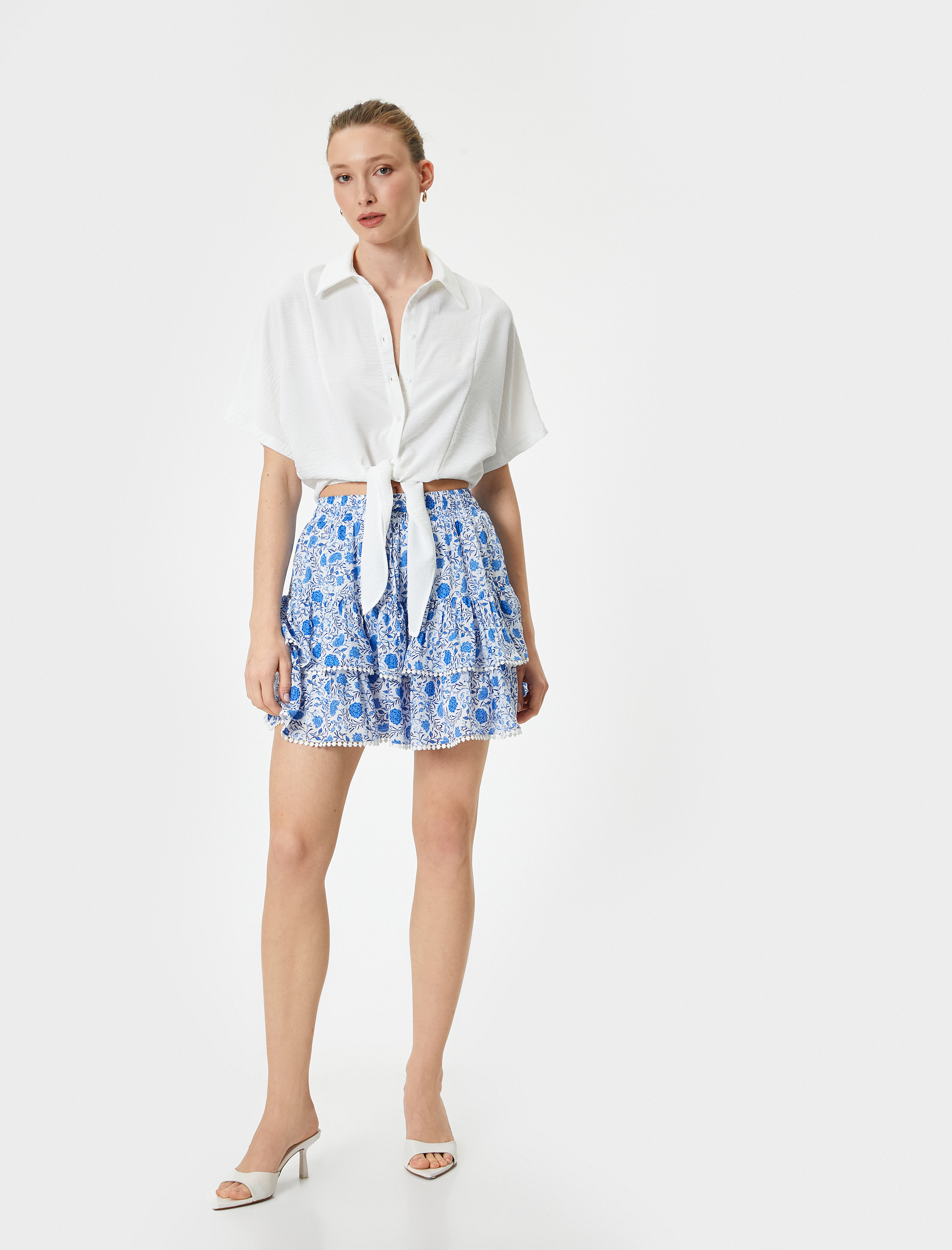   Çiçekli Mini Etek Volanlı Viskon Beli Lastikli Astarlı