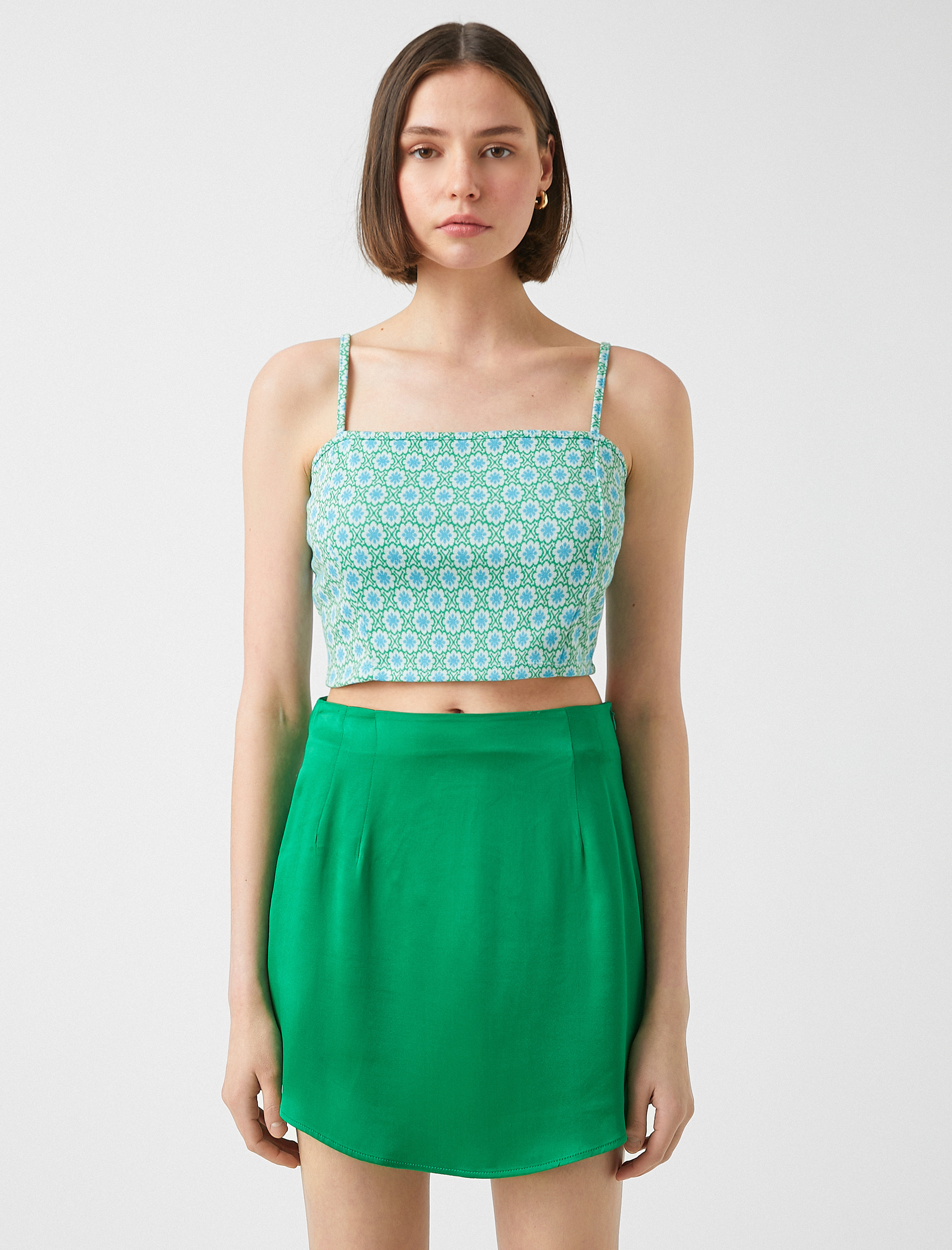   Çiçekli Crop Atlet İnce Askılı U Yaka