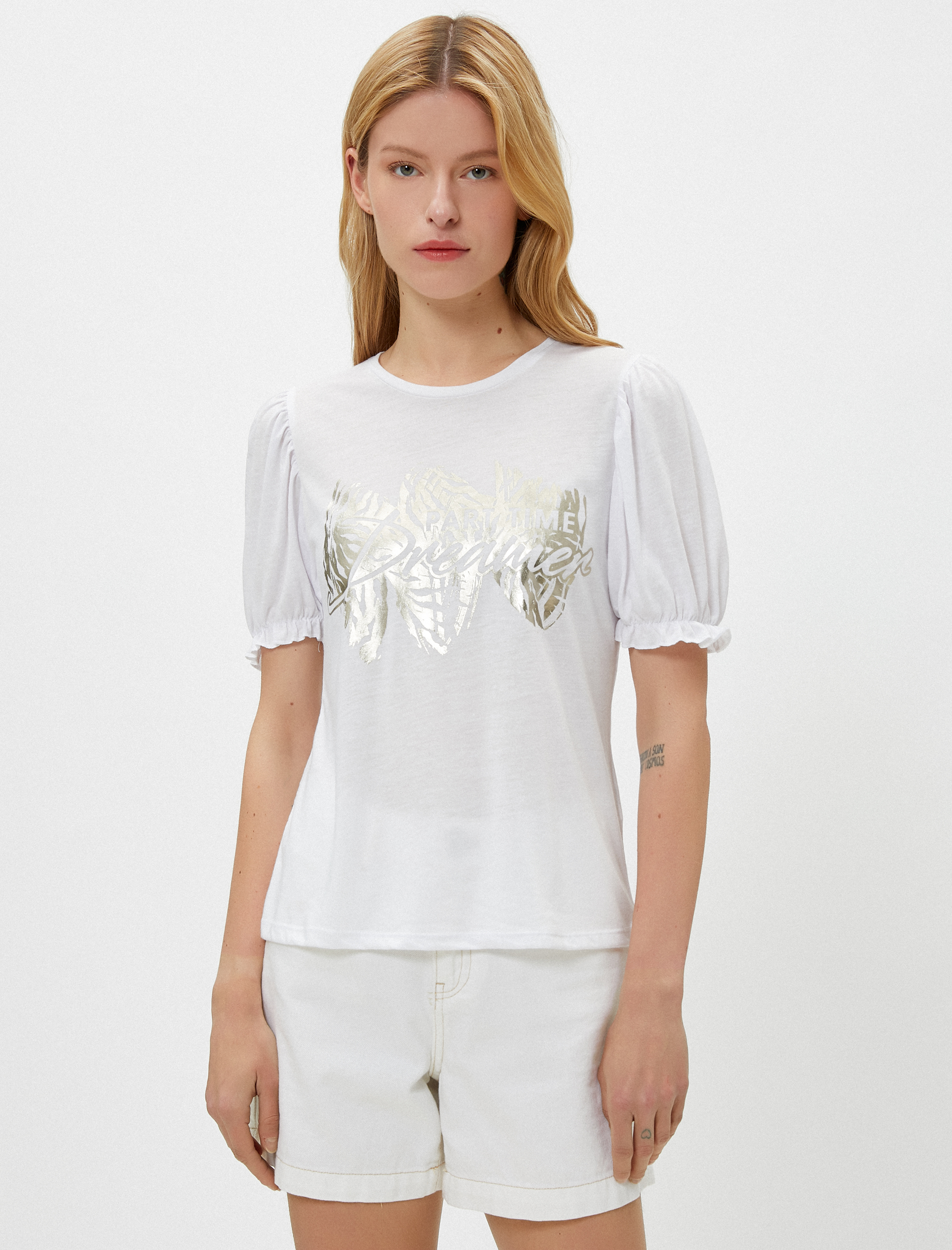   Balon Kollu Varak Baskı Detaylı Bisiklet Yaka Tişört