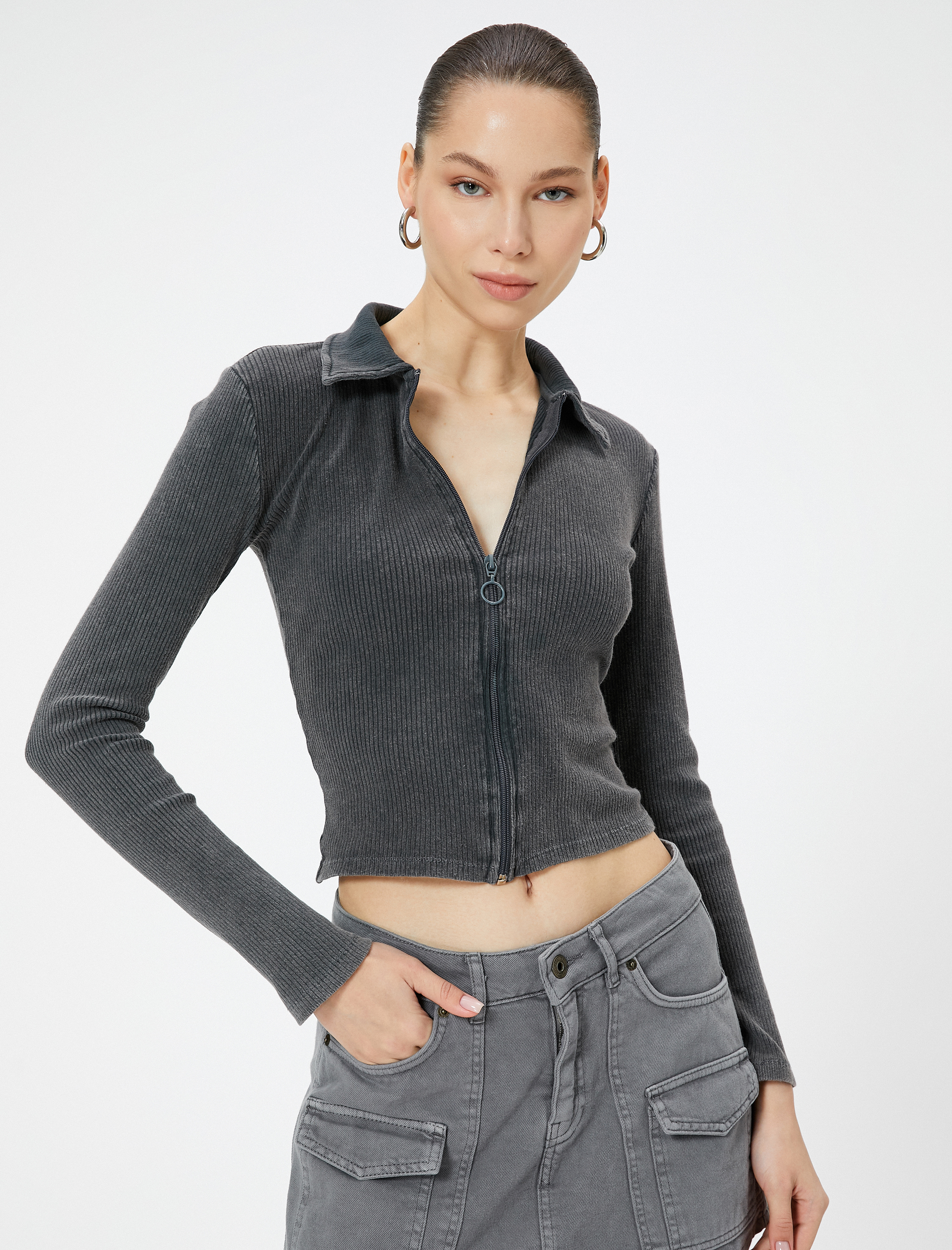   Fermuarlı Polo Yaka Tişört Uzun Kollu Ribanalı Slim Fit Pamuklu