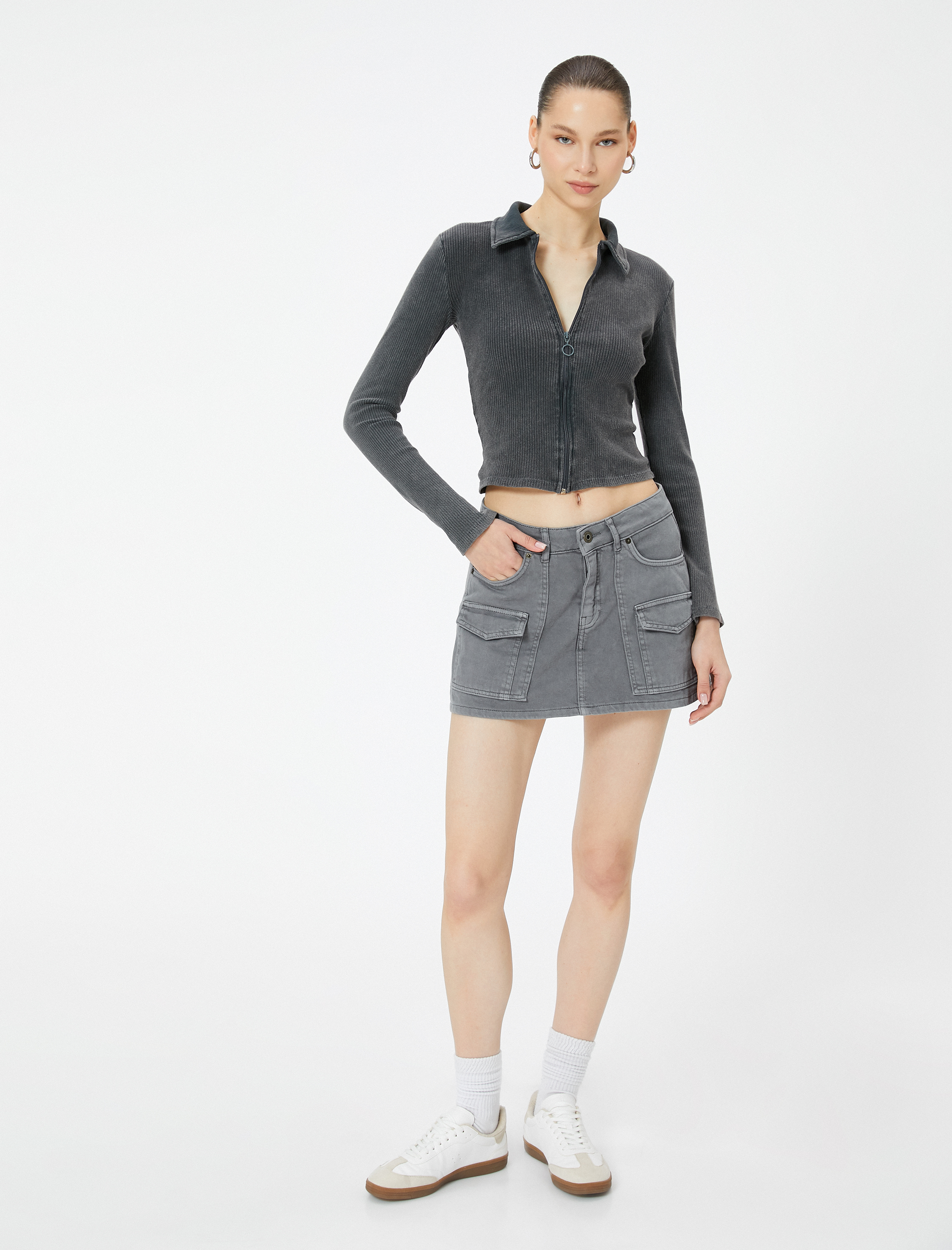   Fermuarlı Polo Yaka Tişört Uzun Kollu Ribanalı Slim Fit Pamuklu