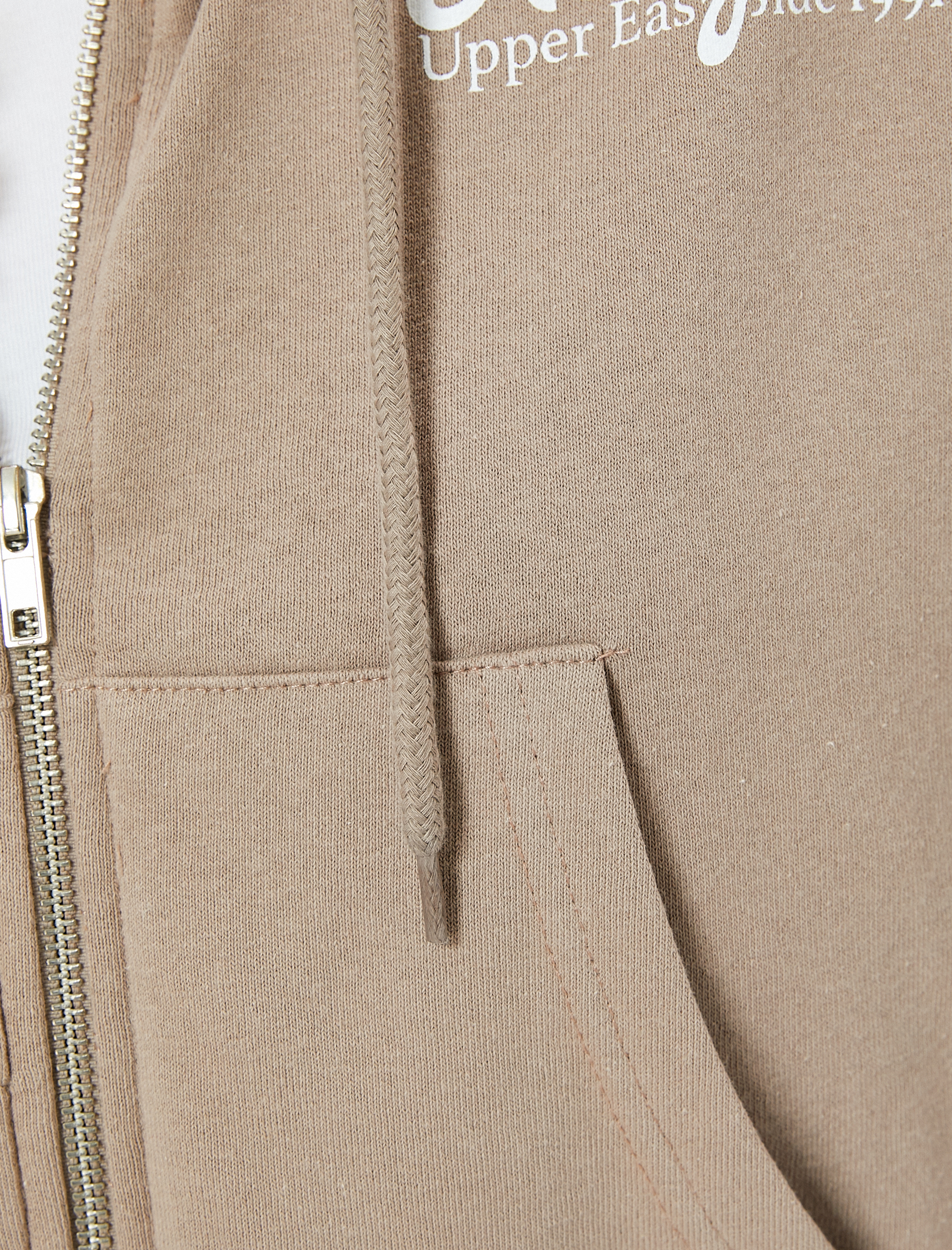   Şardonlu Kapüşonlu Fermuarlı Crop Sweatshirt Baskılı Pamuklu