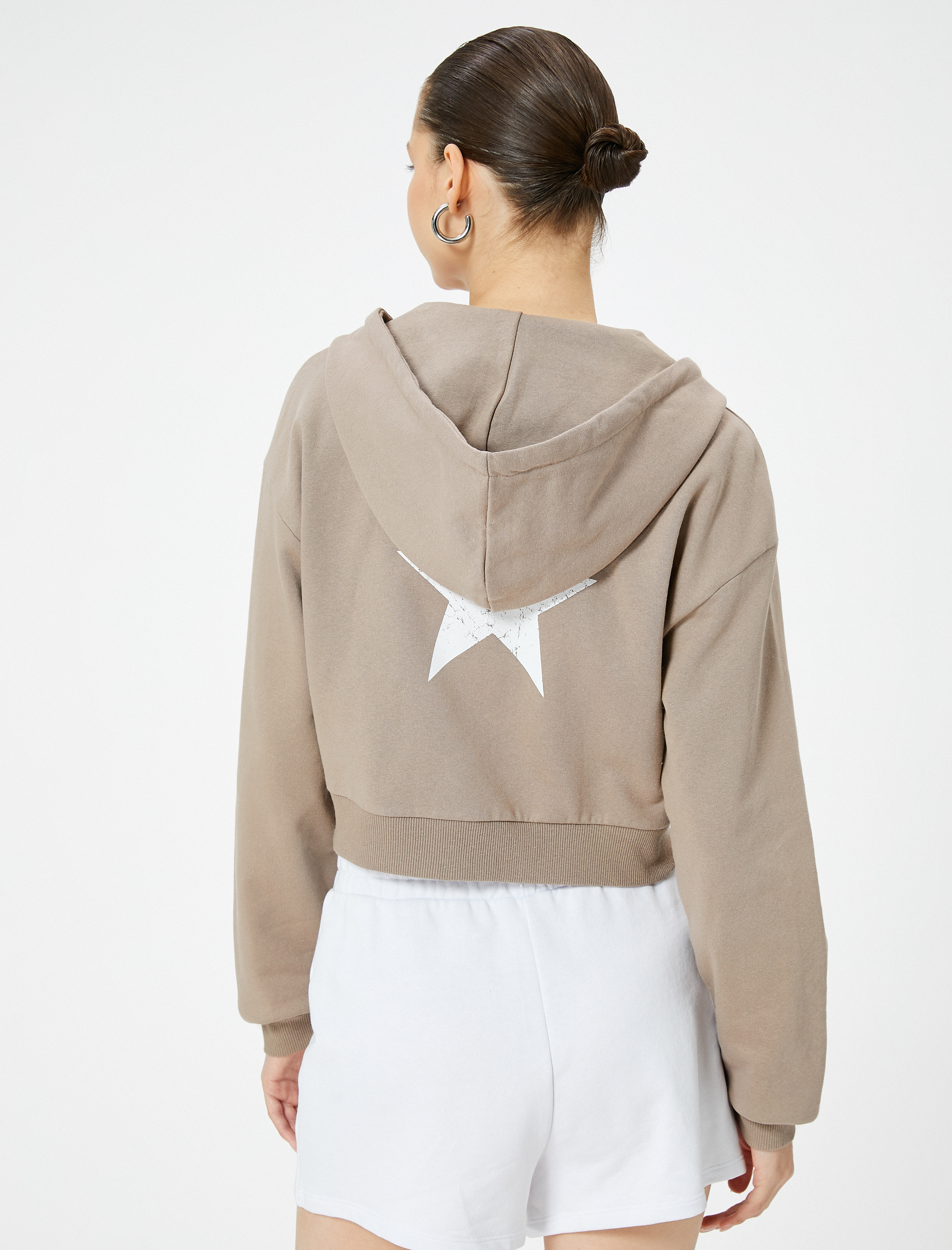   Şardonlu Kapüşonlu Fermuarlı Crop Sweatshirt Baskılı Pamuklu