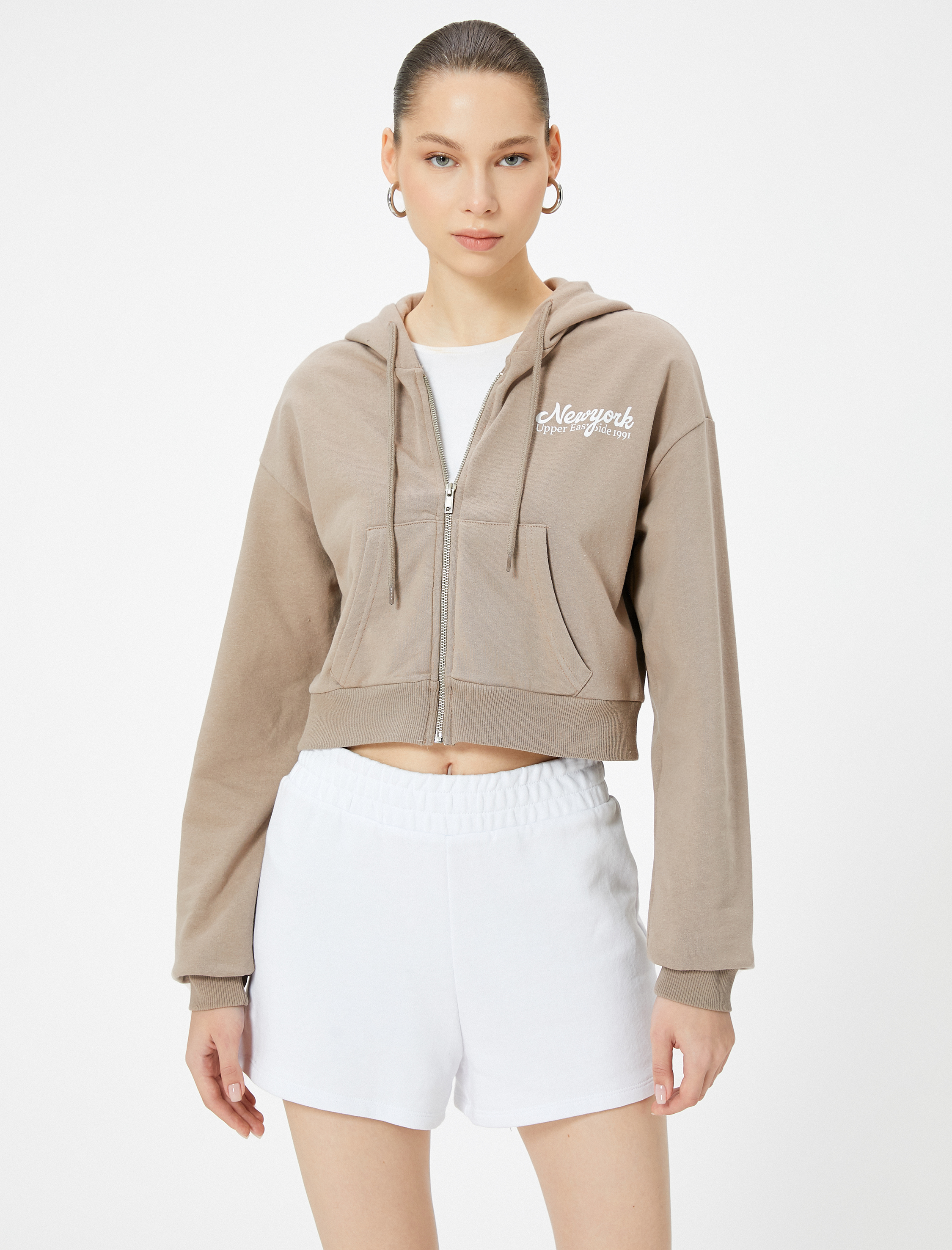   Şardonlu Kapüşonlu Fermuarlı Crop Sweatshirt Baskılı Pamuklu