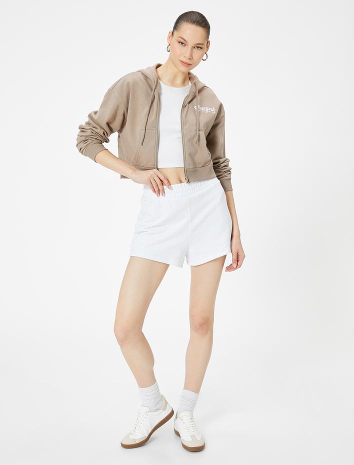  Şardonlu Kapüşonlu Fermuarlı Crop Sweatshirt Baskılı Pamuklu