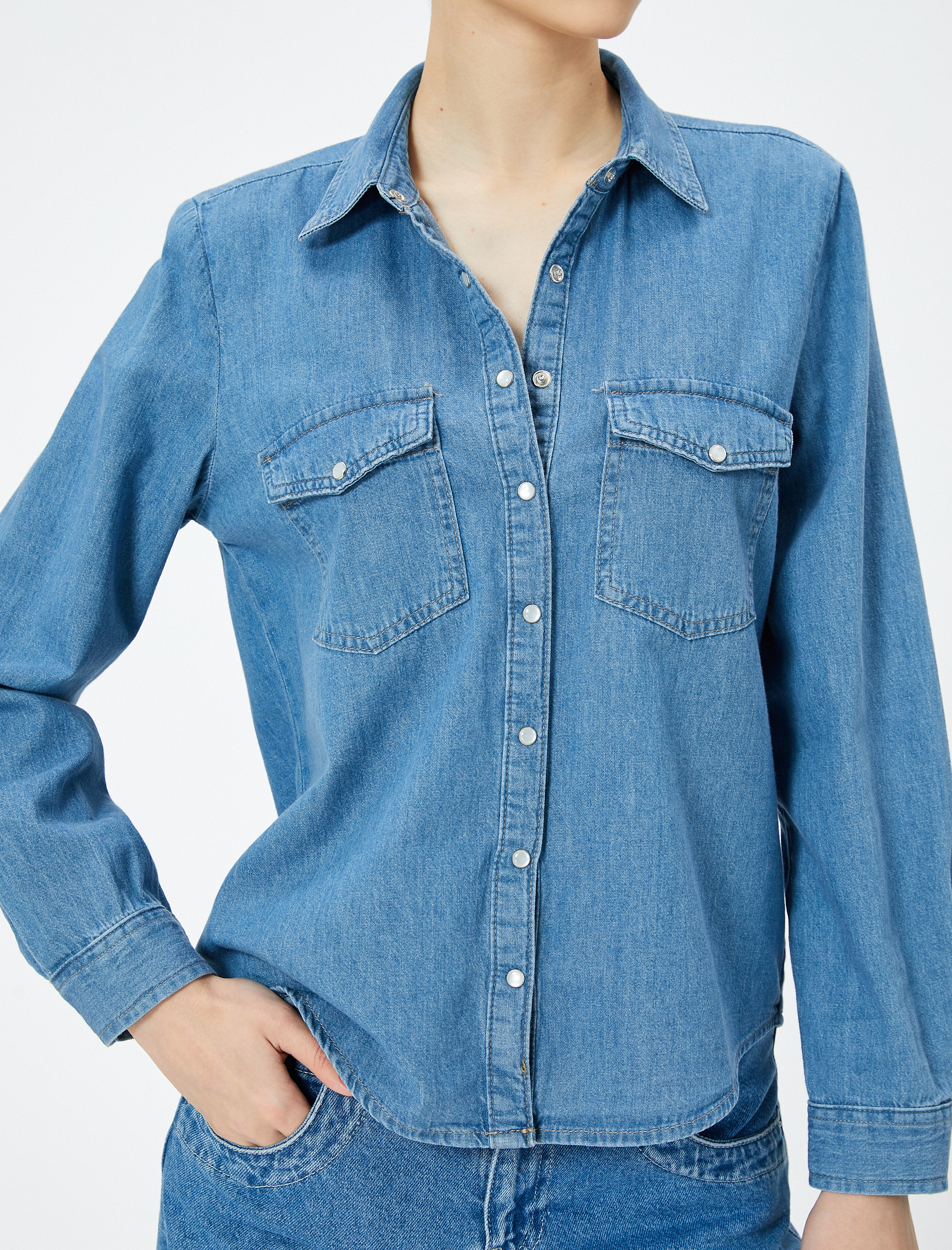   Kot Gömlek Uzun Kollu Cepli Çıtçıt Düğmeli Pamuklu Rahat Kesim