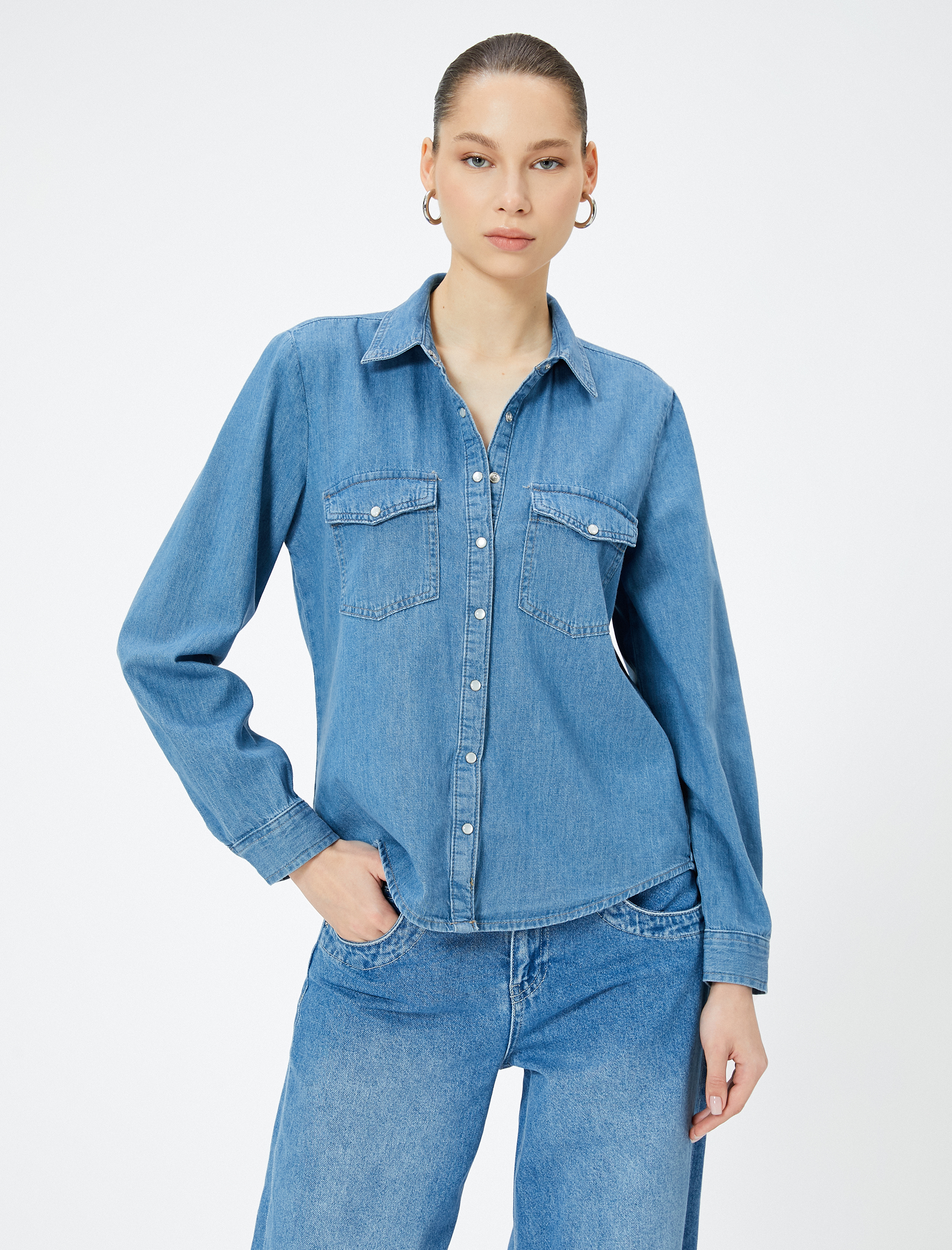   Kot Gömlek Uzun Kollu Cepli Çıtçıt Düğmeli Pamuklu Rahat Kesim