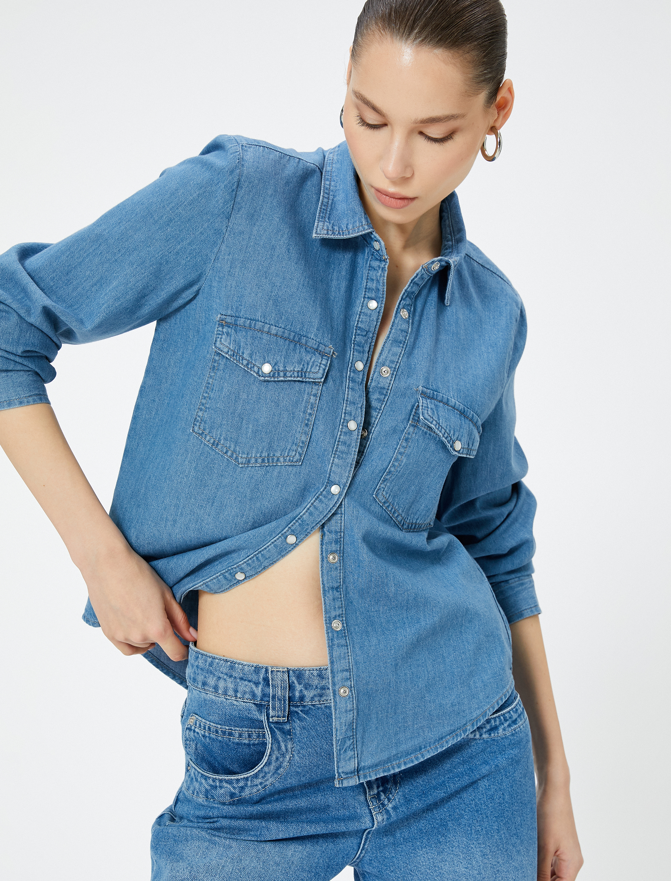   Kot Gömlek Uzun Kollu Cepli Çıtçıt Düğmeli Pamuklu Rahat Kesim