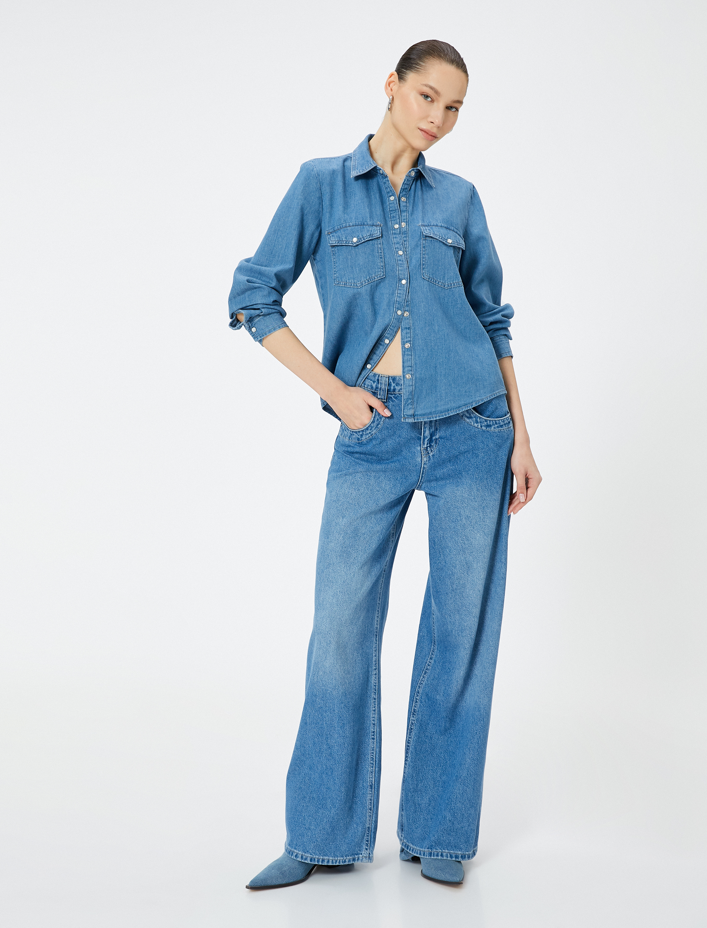   Kot Gömlek Uzun Kollu Cepli Çıtçıt Düğmeli Pamuklu Rahat Kesim