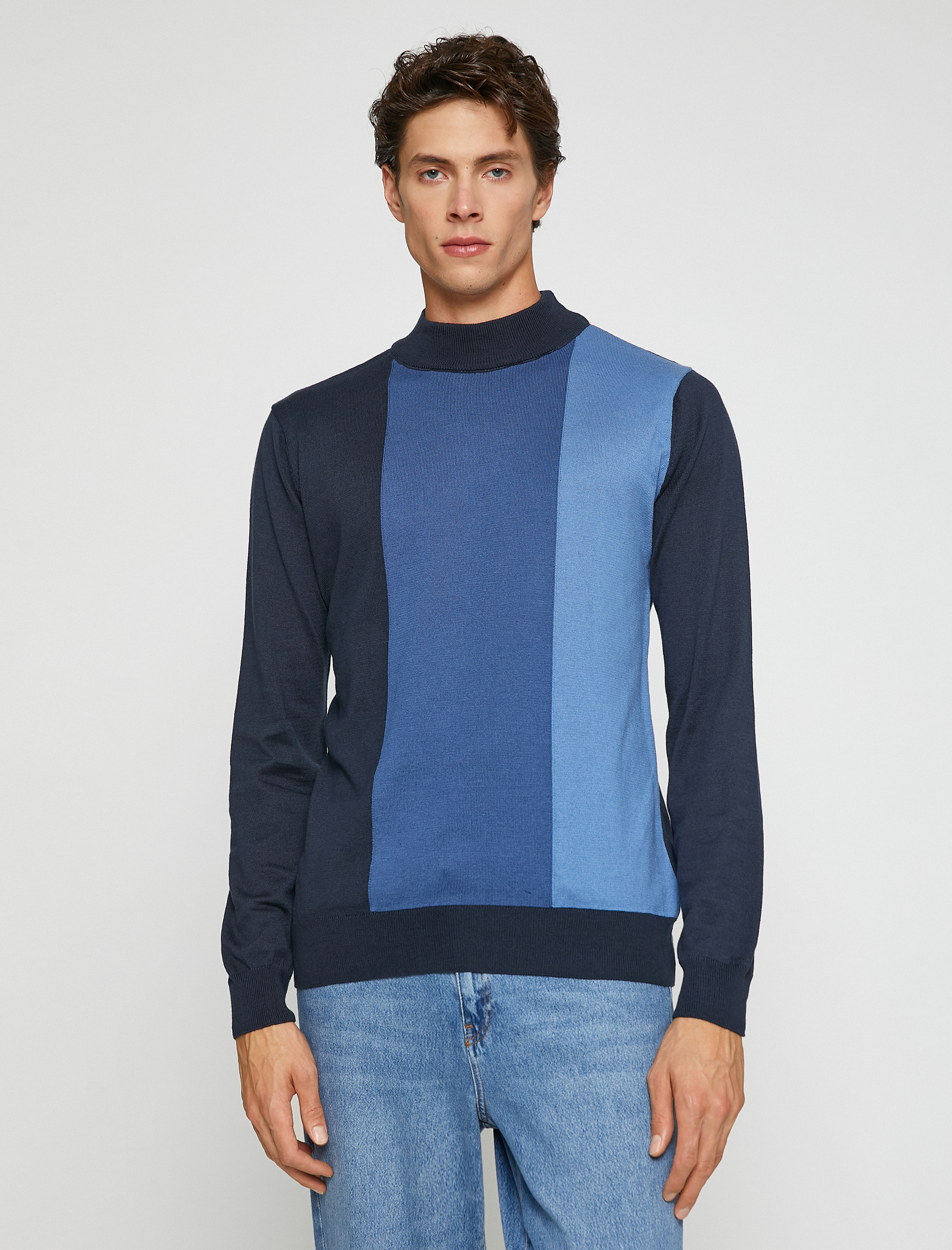 Renk Bloklu Kazak Yarım Balıkçı Yaka