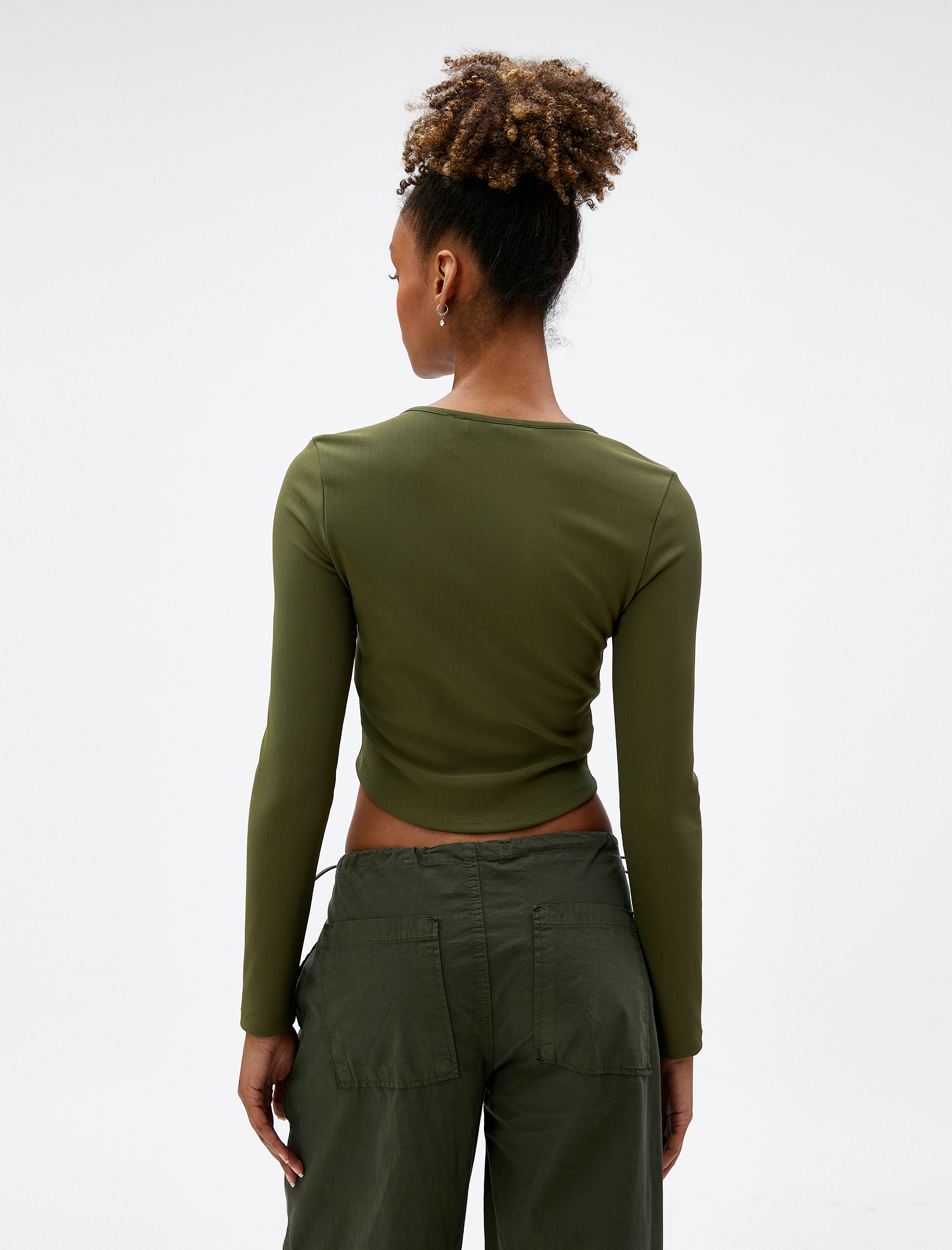   Uzun Kollu Tişört Crop Beli Korseli Bisiklet Yaka