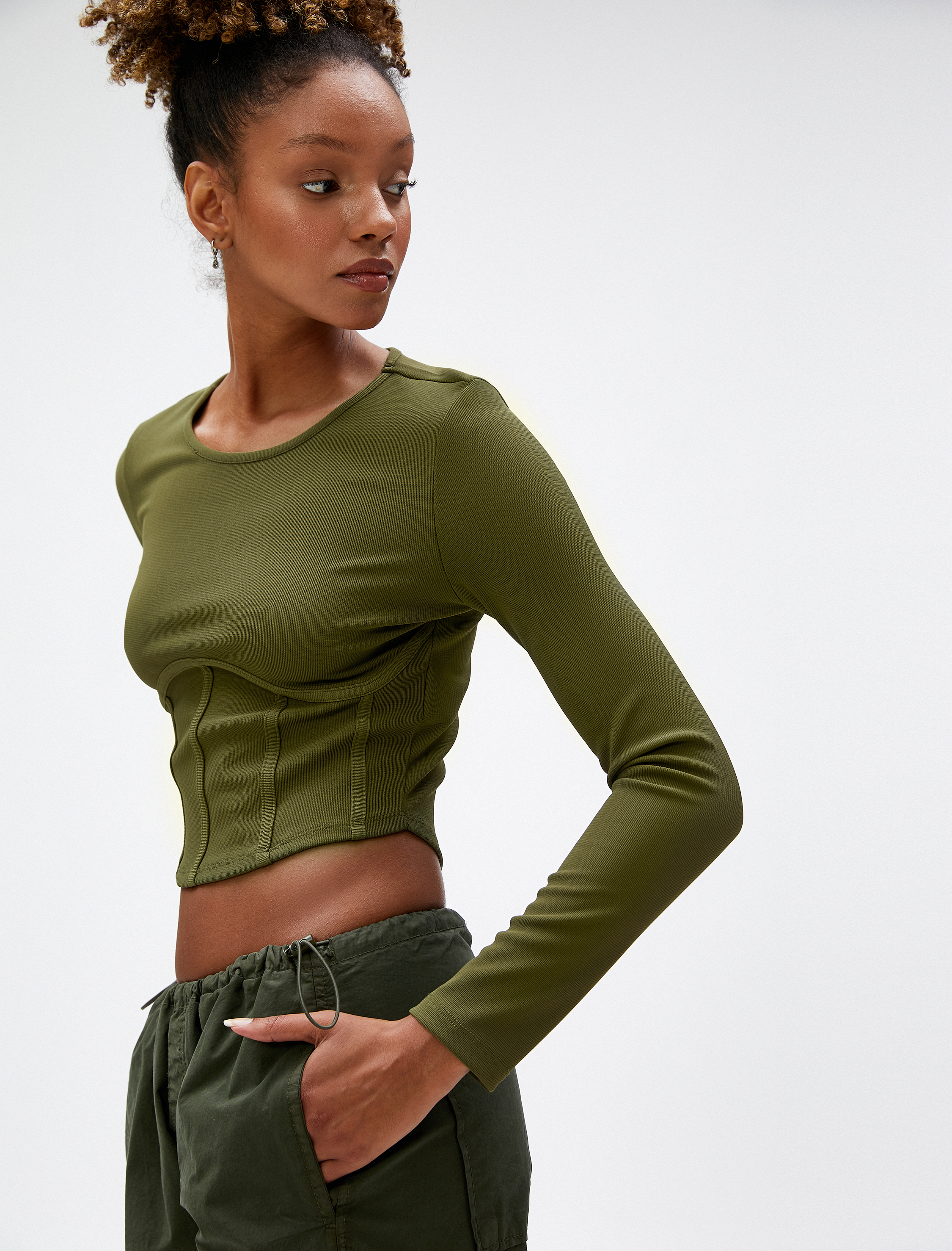   Uzun Kollu Tişört Crop Beli Korseli Bisiklet Yaka