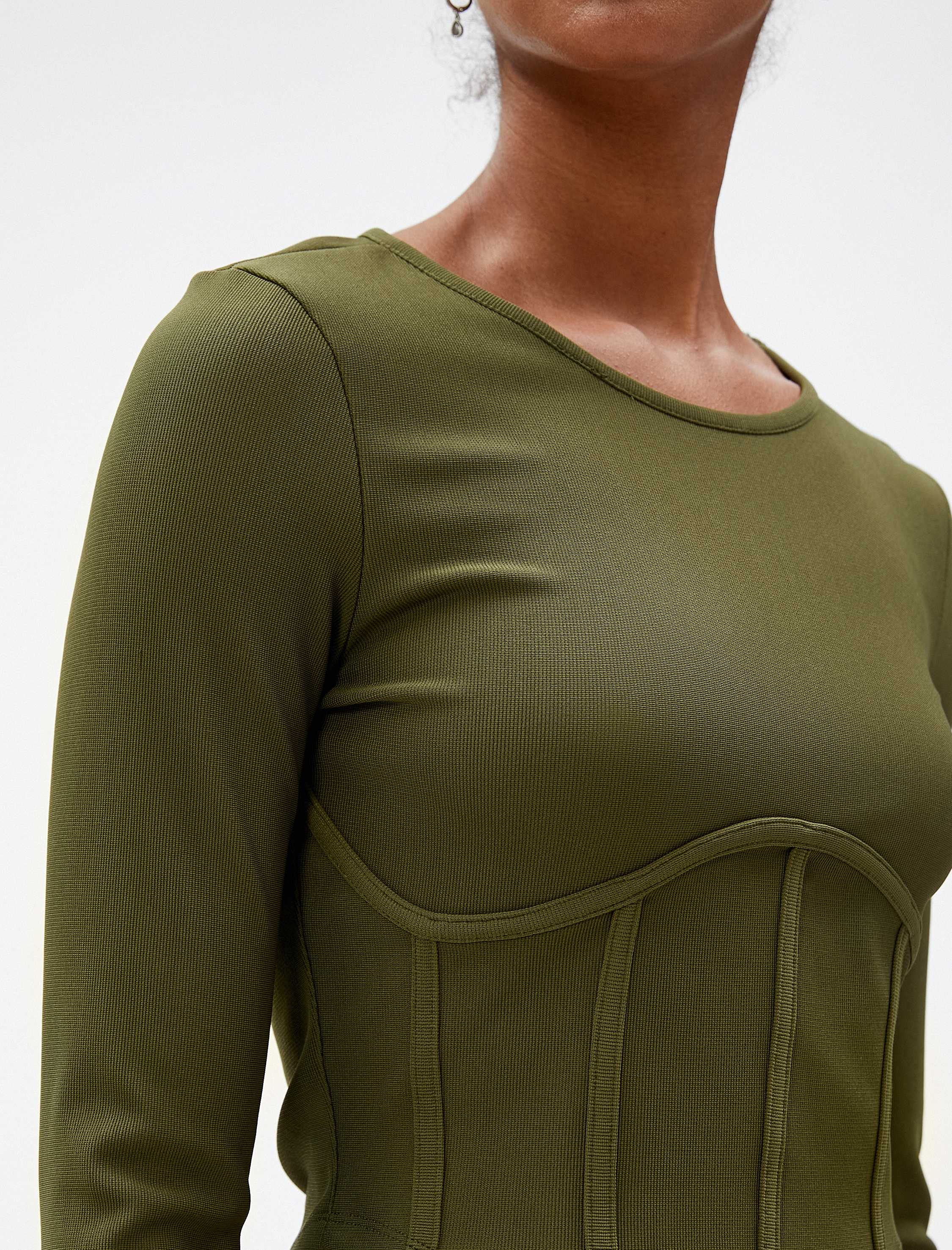   Uzun Kollu Tişört Crop Beli Korseli Bisiklet Yaka