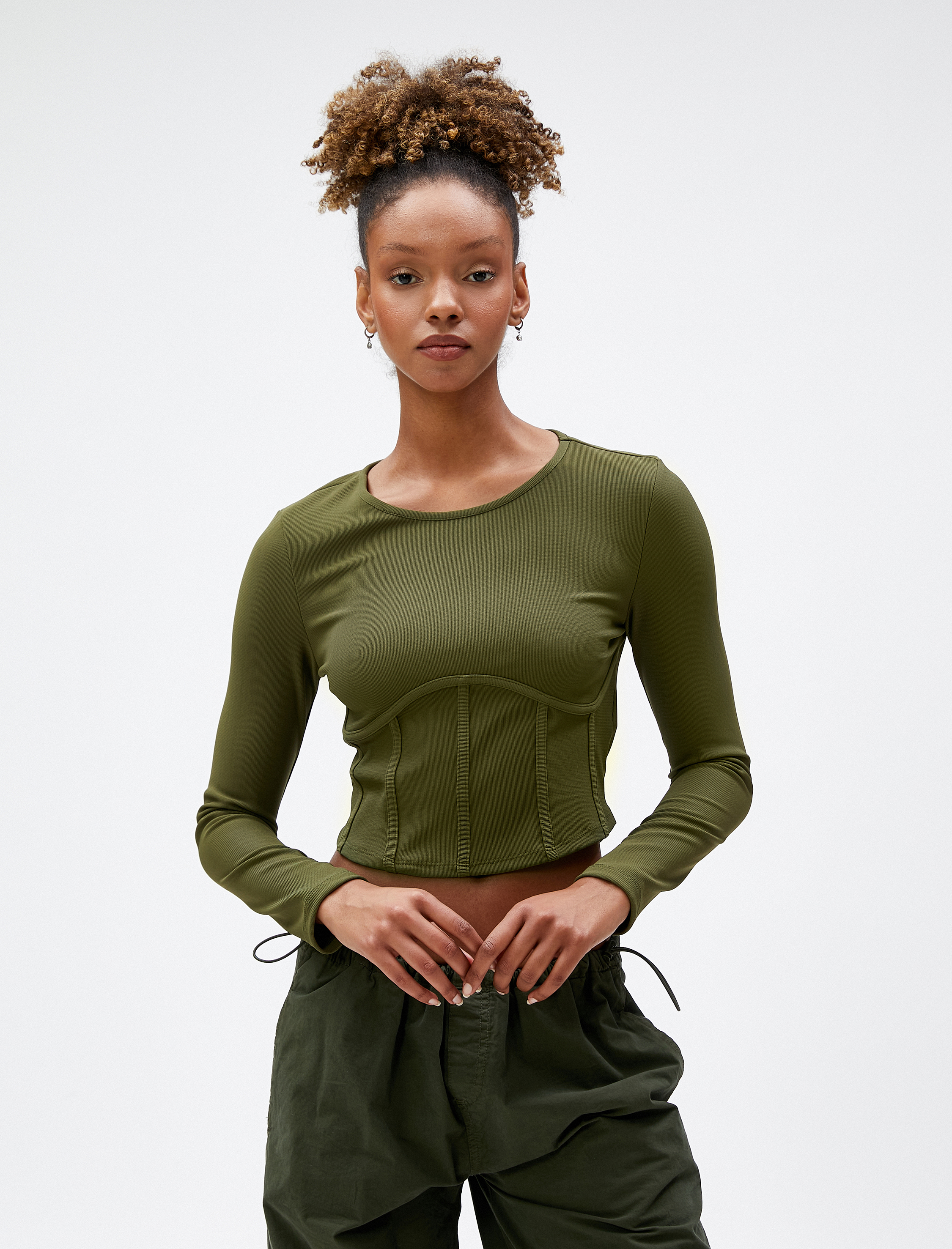   Uzun Kollu Tişört Crop Beli Korseli Bisiklet Yaka