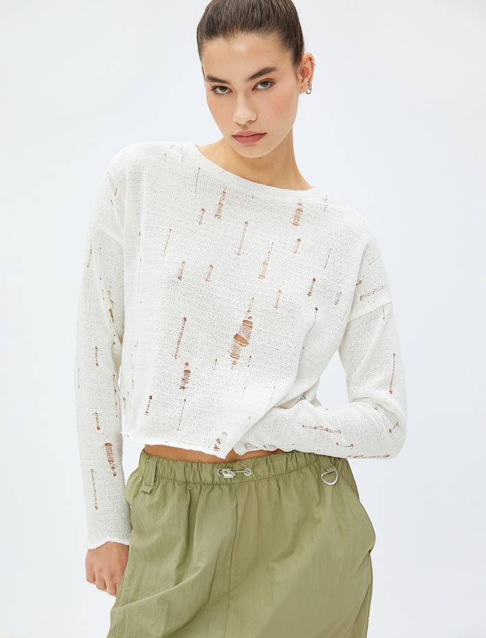  Uzun Kollu Tişört Ajurlu Bisiklet Yaka Düşük Omuzlu