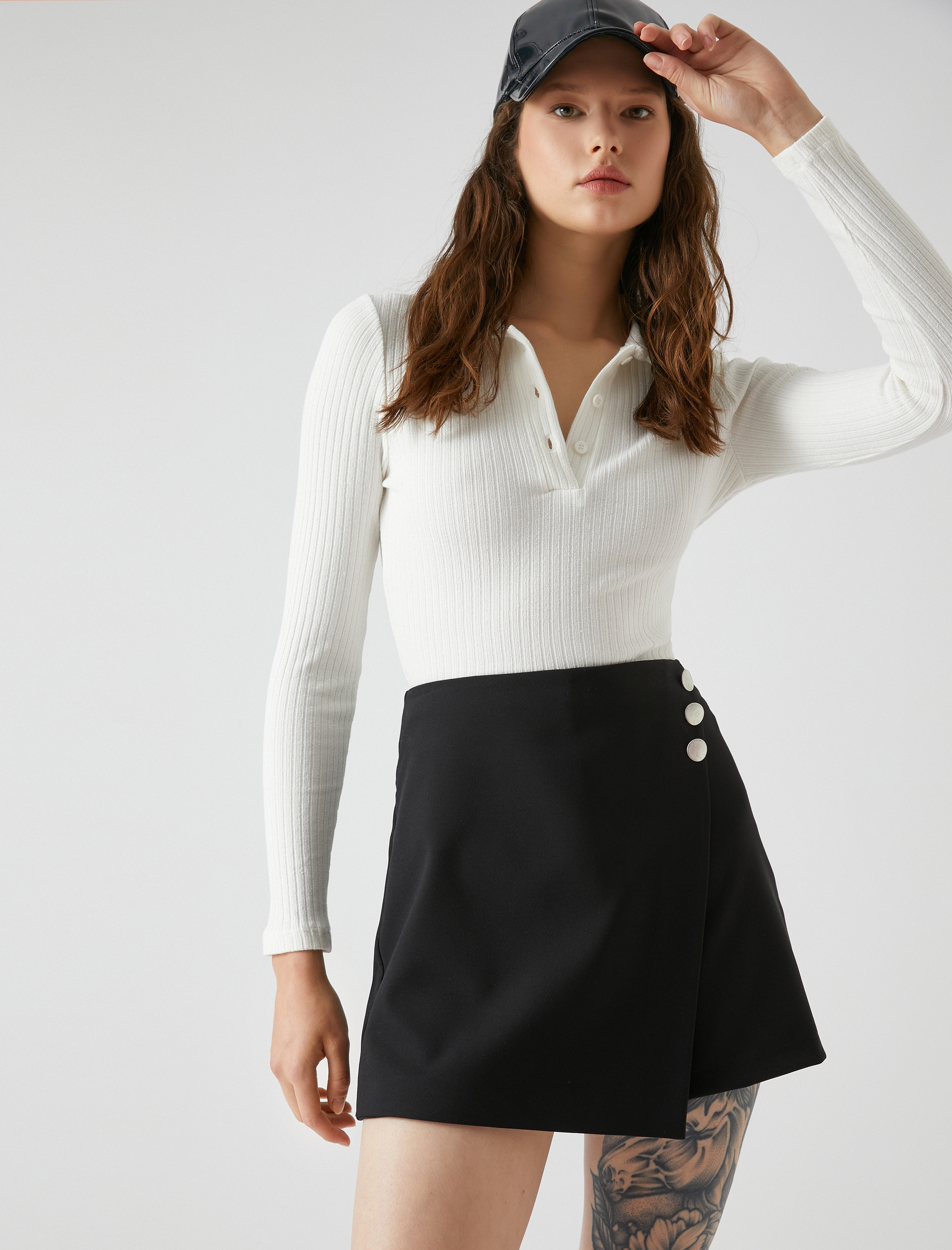   Polo Yaka Tişört Uzun Kollu Fitilli Düğmeli Dar Kesim Pamuklu