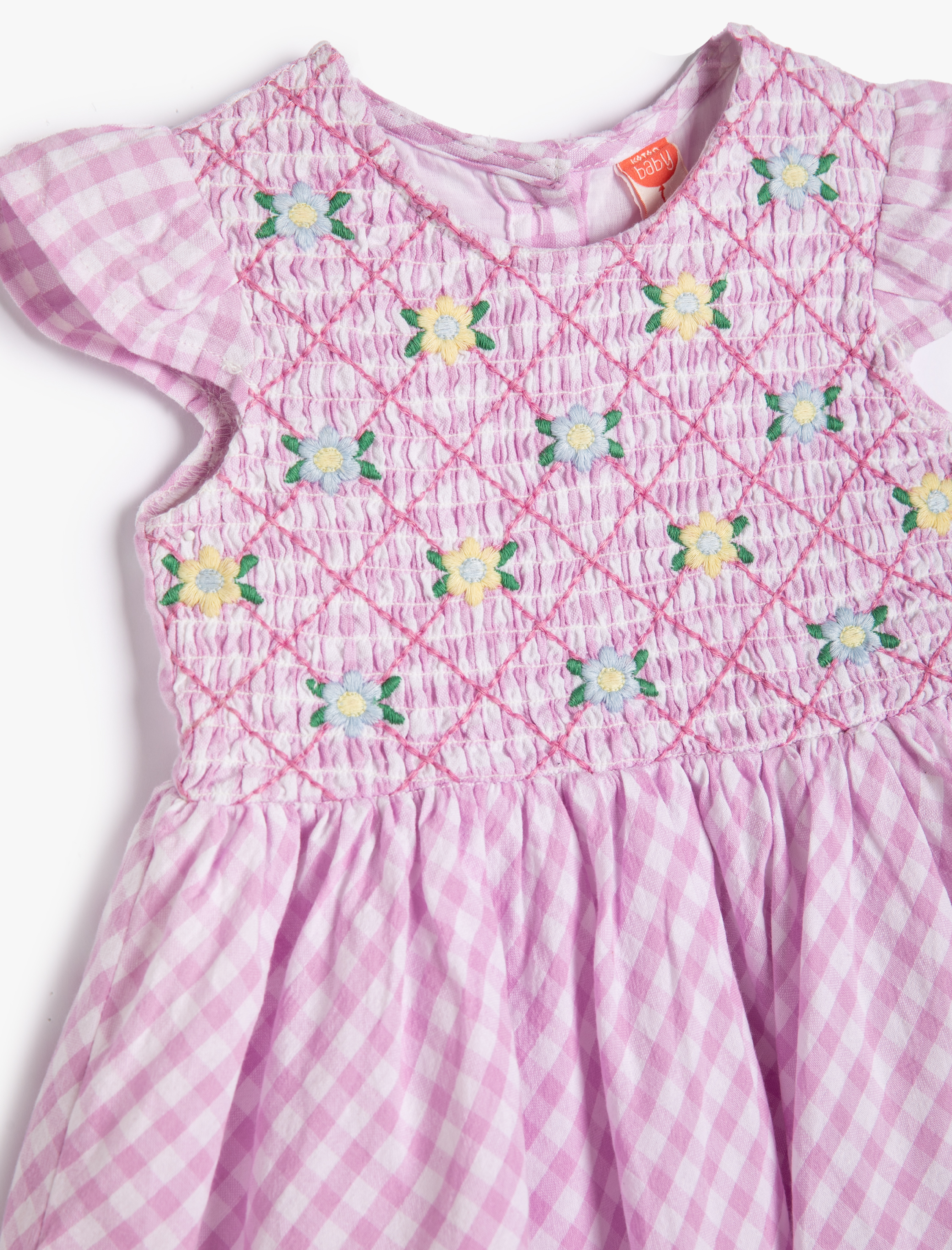  Kız Bebek Elbise ve Saç Bandı Kısa Kollu Çiçekli İşleme Detaylı Yuvarlak Yaka Pamuklu Astarlı