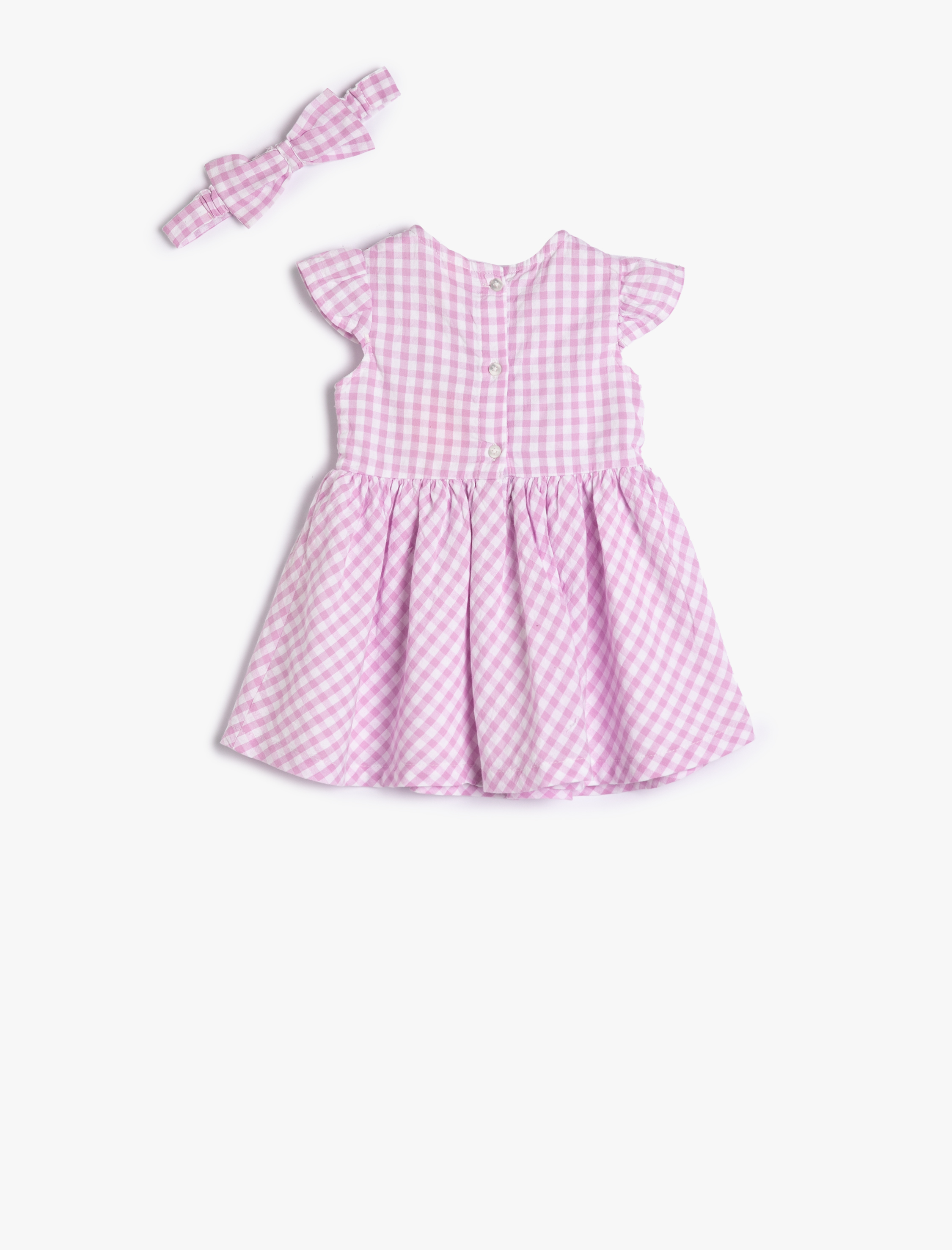  Kız Bebek Elbise ve Saç Bandı Kısa Kollu Çiçekli İşleme Detaylı Yuvarlak Yaka Pamuklu Astarlı