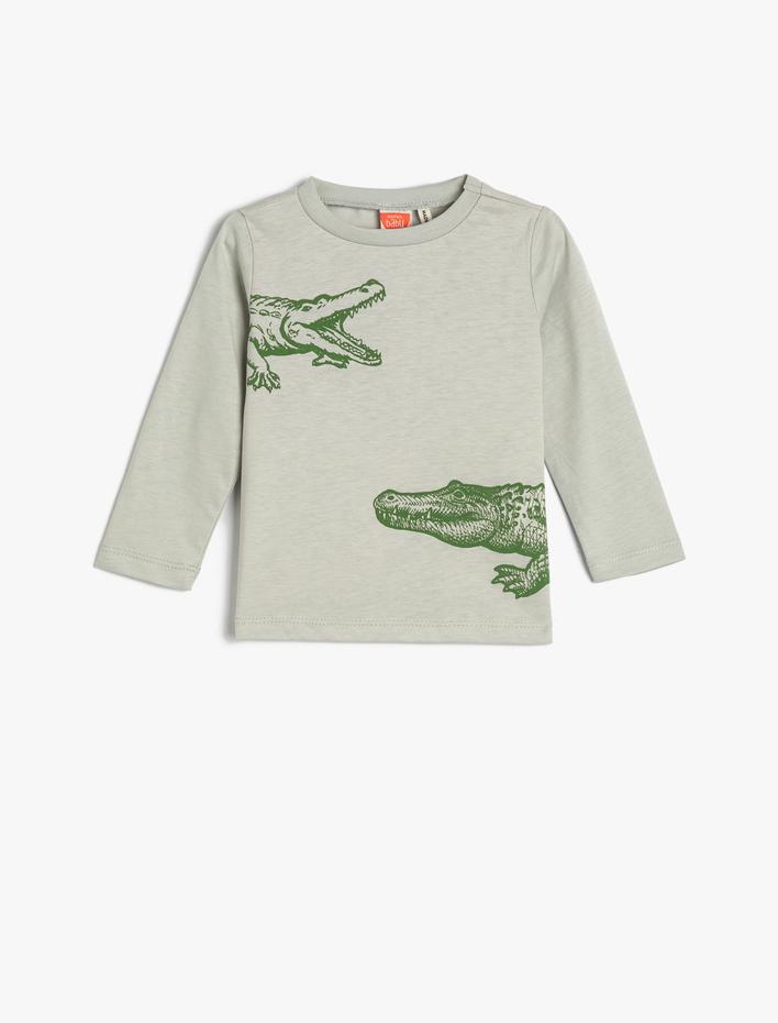Erkek Bebek Tişört Grafik Timsah Baskılı Uzun Kollu Bisiklet Yaka Pamuklu
