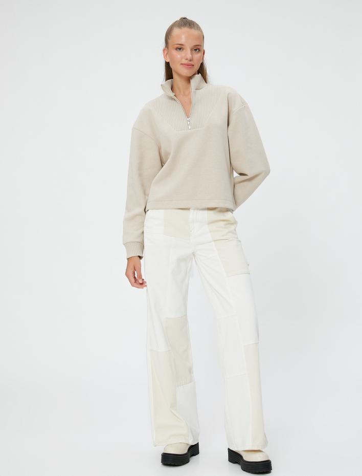  Şardonlu Yarım Fermuarlı Sweatshirt Rahat Kesim Dik Yaka Dokulu