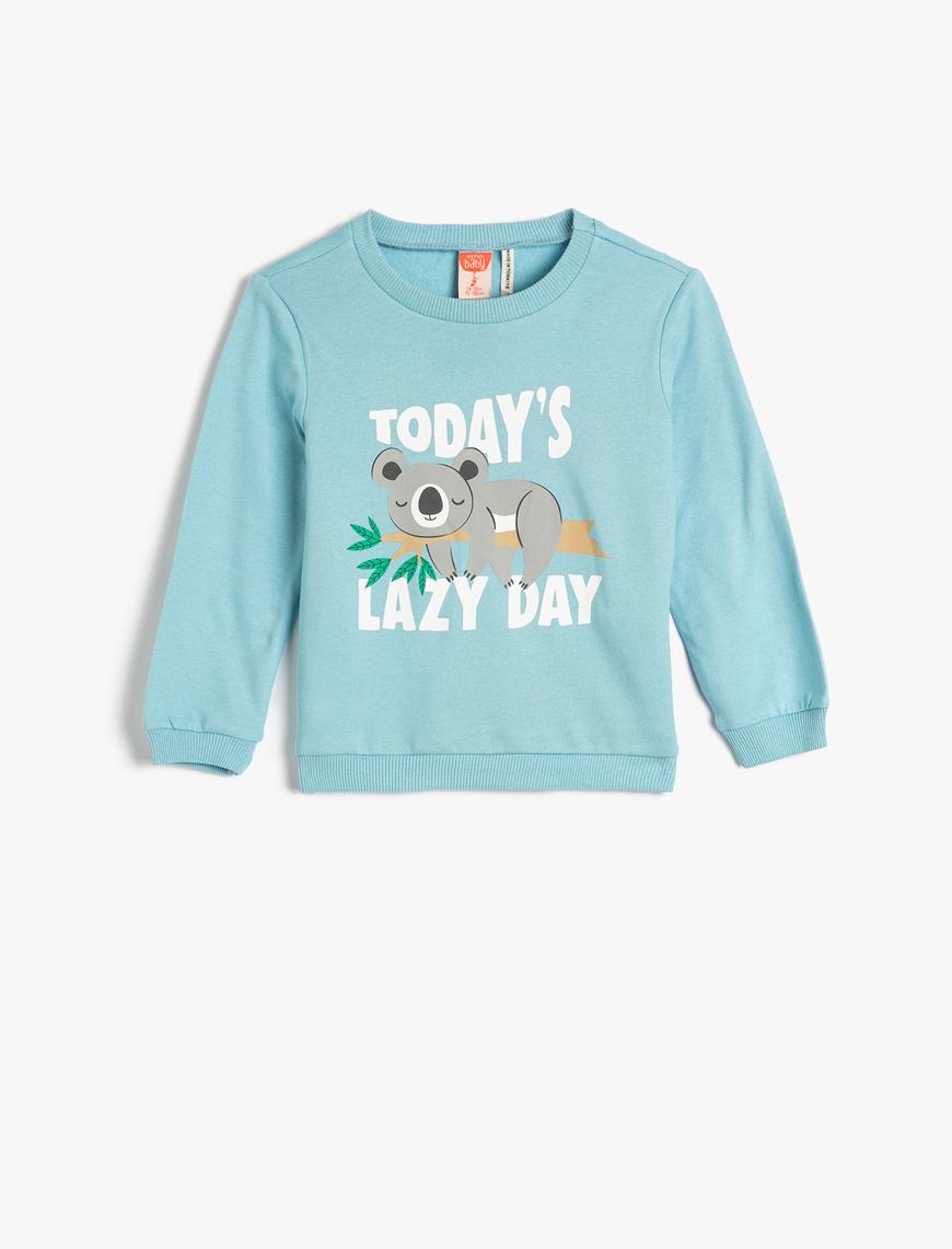  Erkek Bebek Sweatshirt Koala Baskılı Şardonlu Bisiklet Yaka Pamuklu
