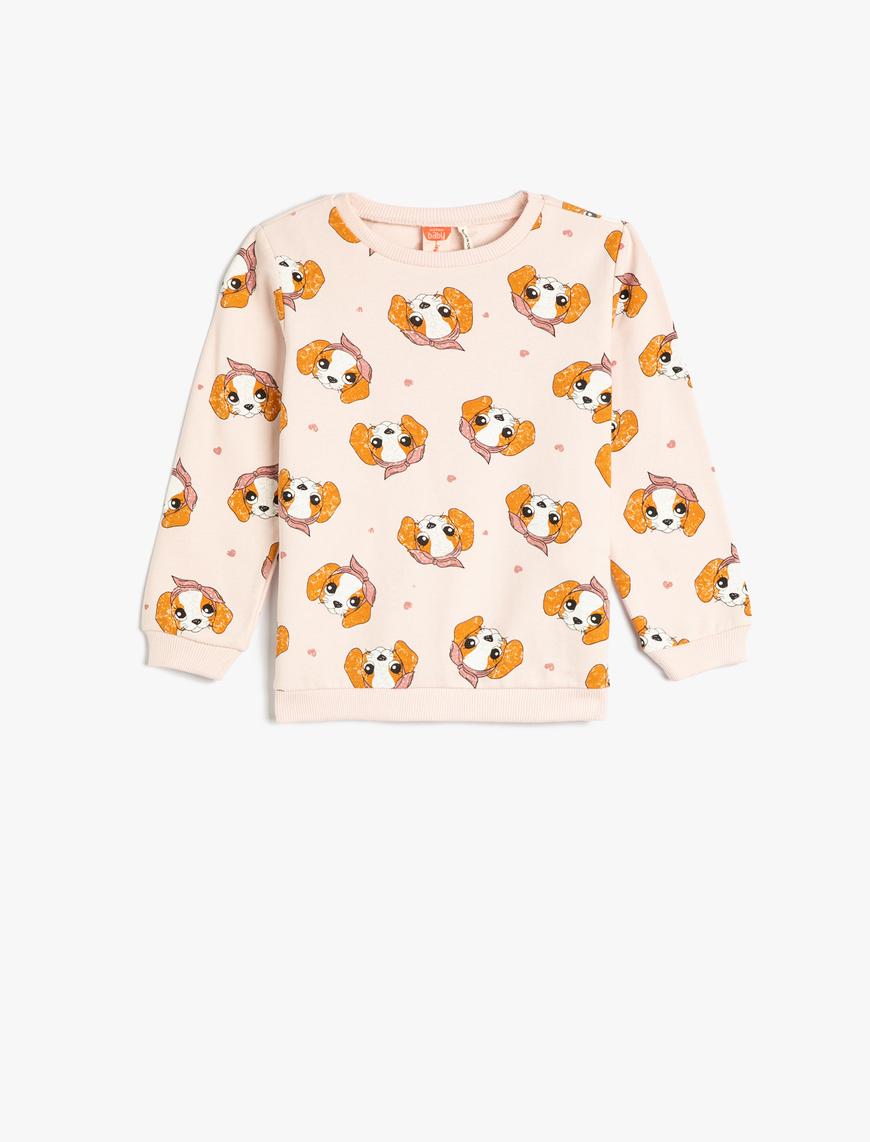  Kız Bebek Sweatshirt Köpek Baskılı Bisiklet Yaka Pamuklu Şardonlu