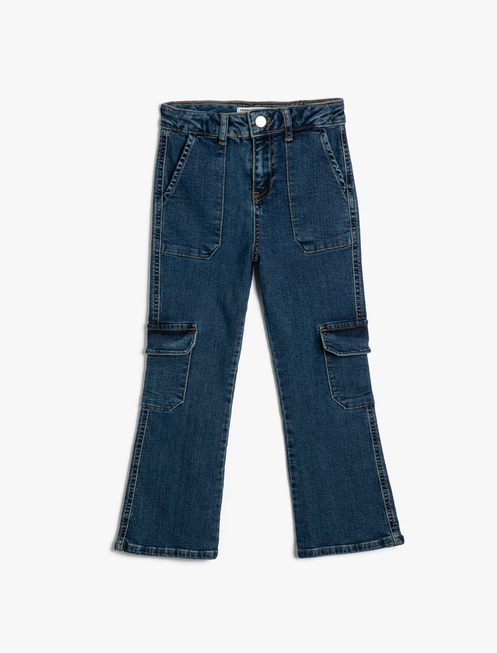 Kız Çocuk Kargo Kot Pantolon Cepli Pamuklu - Cargo Jean