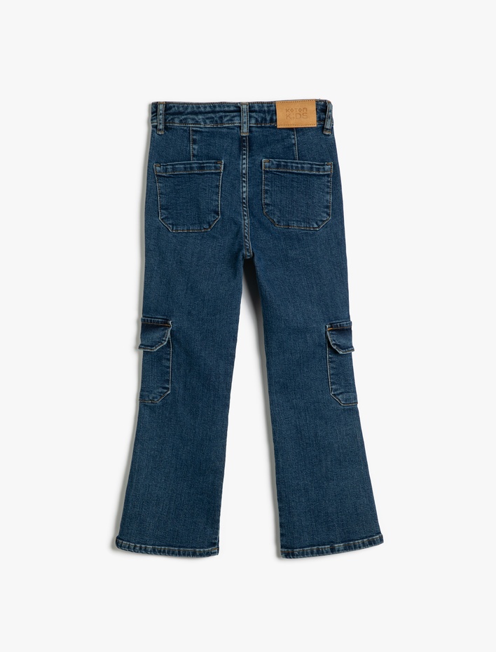 Kız Çocuk Kargo Kot Pantolon Cepli Pamuklu - Cargo Jean