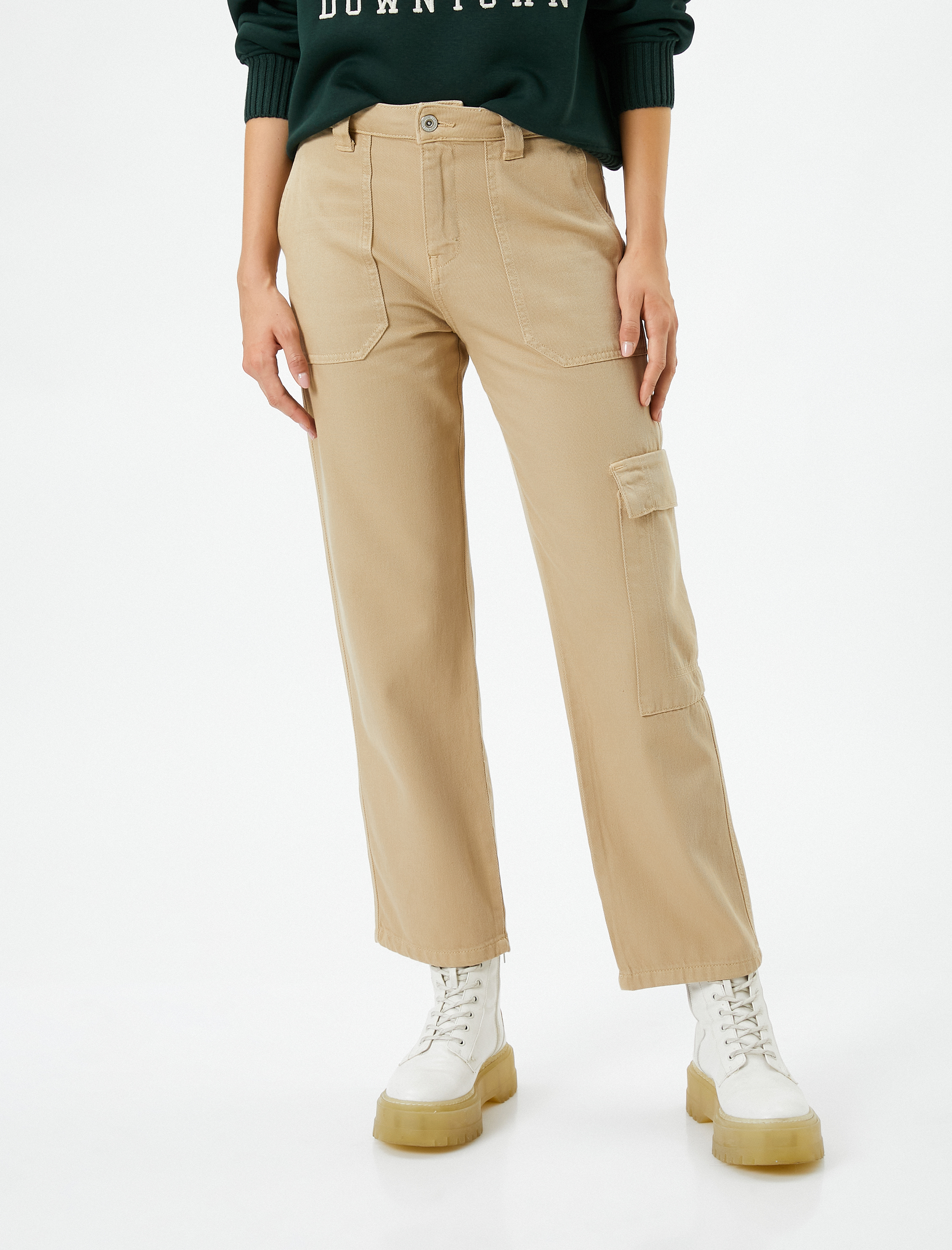   Kargo Pantolon Düz Paça Cep Detaylı Düğmeli Pamuklu