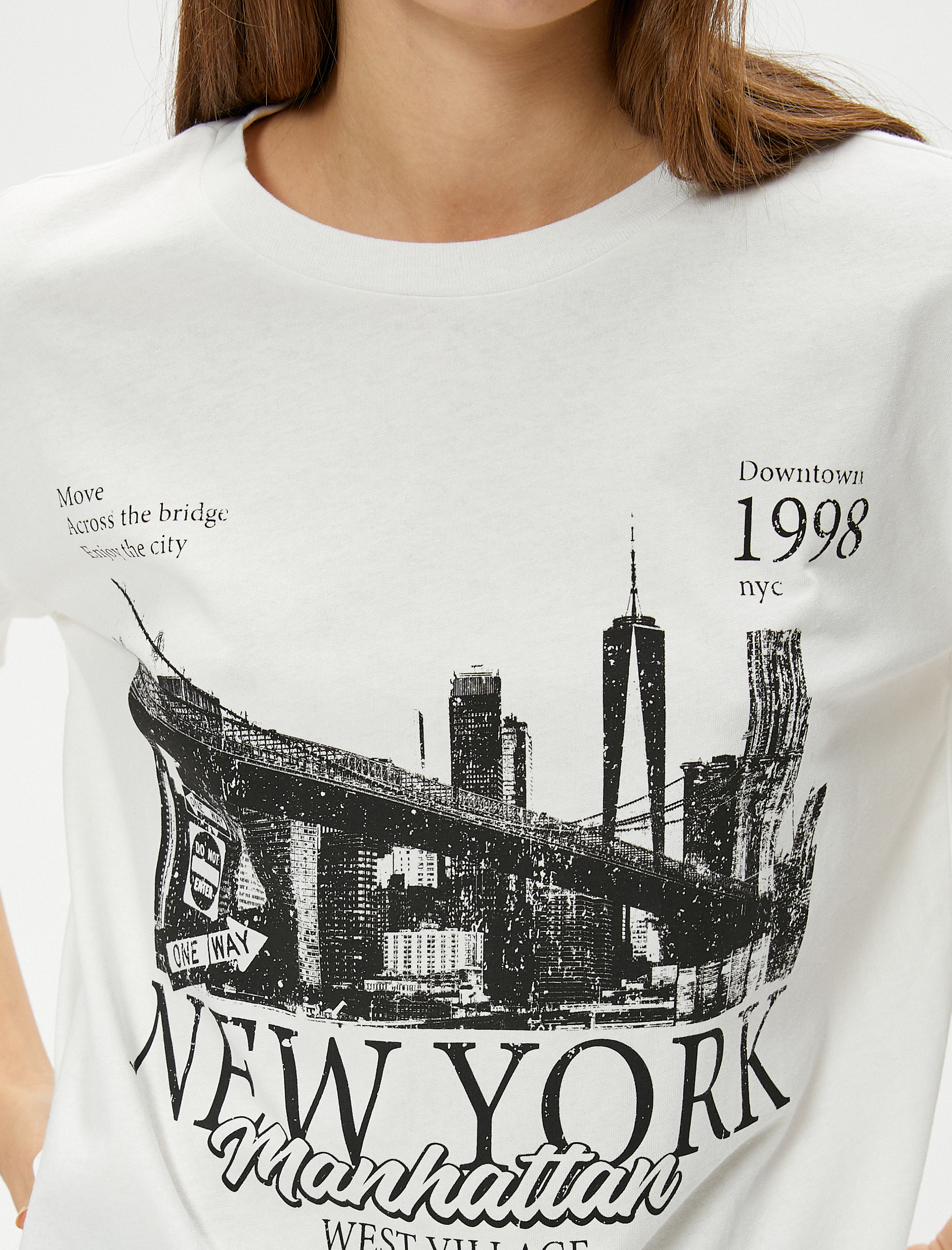   New York Tişört Şehir Temalı Rahat Kalıp Pamuklu Kısa Kollu Bisiklet Yaka