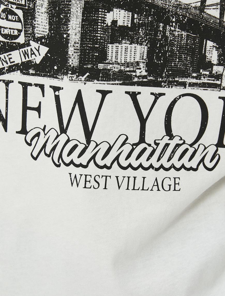   New York Tişört Şehir Temalı Rahat Kalıp Pamuklu Kısa Kollu Bisiklet Yaka