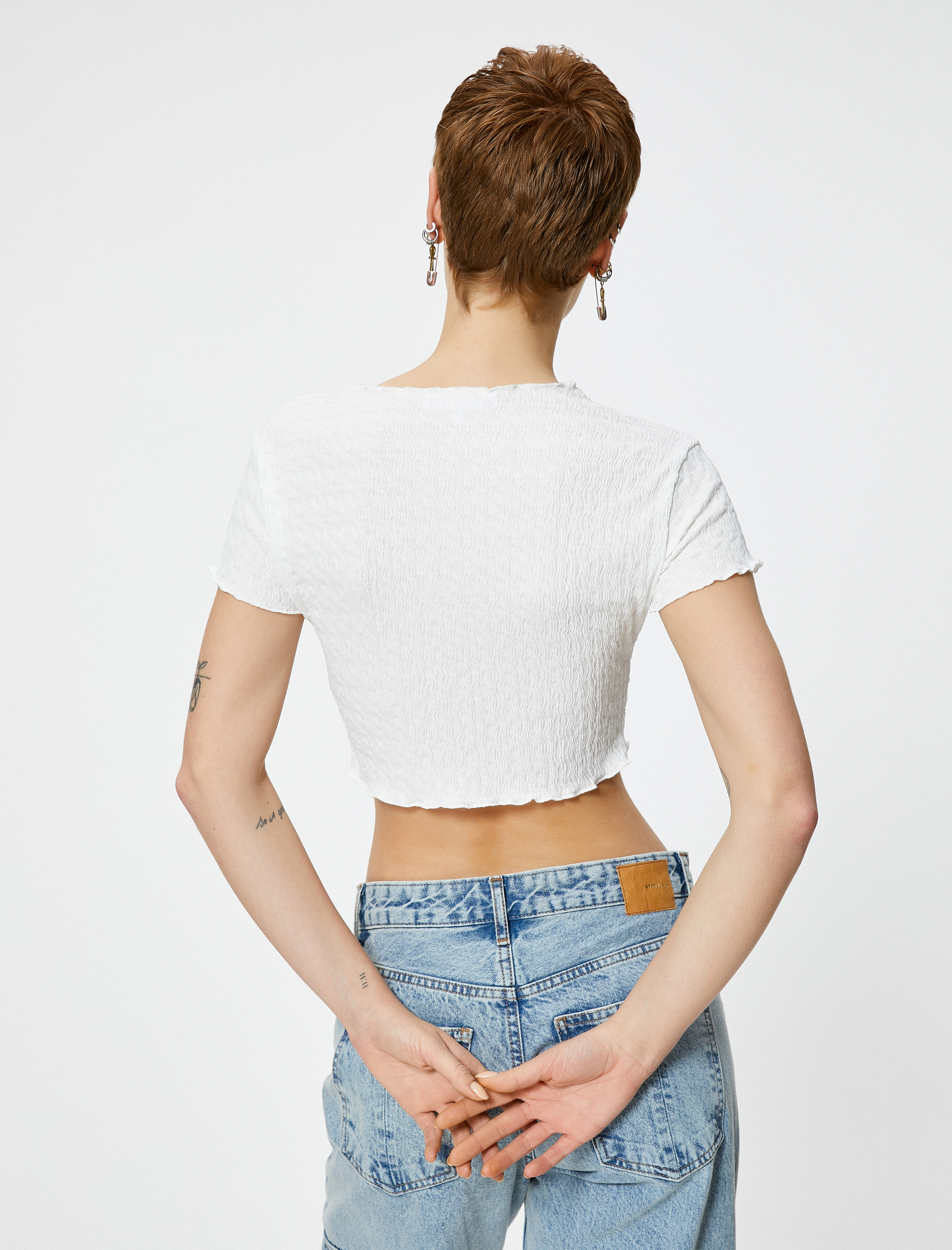   Önden Bağlamalı Crop Tişört Kısa Kollu V Yaka Dokulu Bürümcük