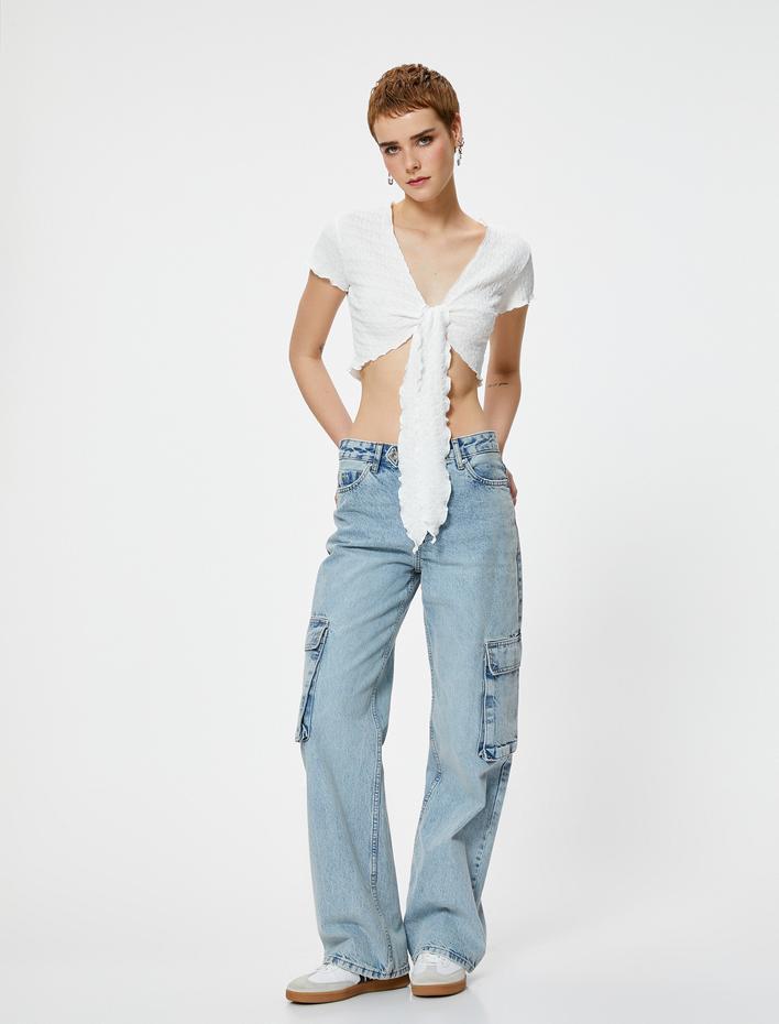  Önden Bağlamalı Crop Tişört Kısa Kollu V Yaka Dokulu Bürümcük