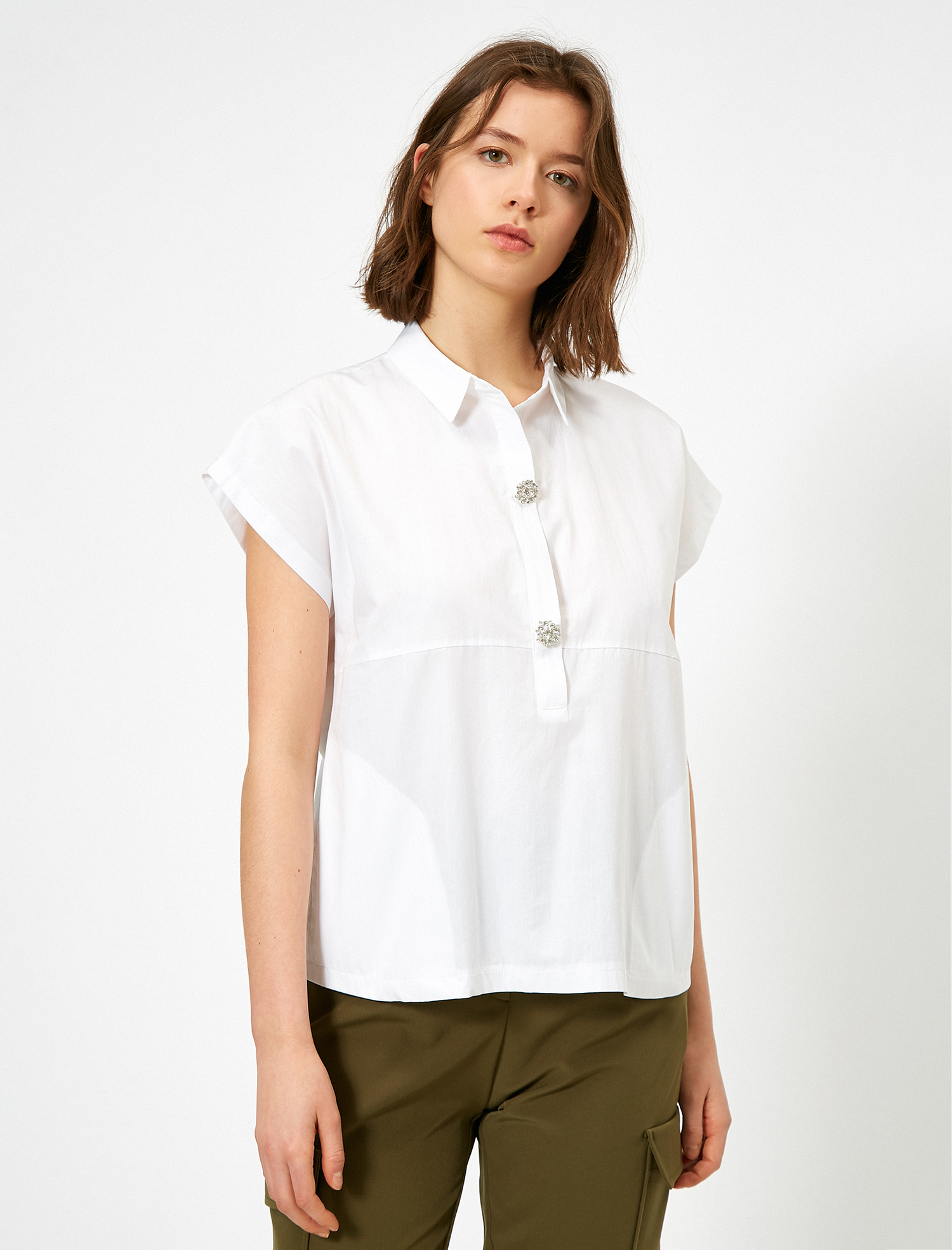   Taş Detaylı Bluz Gömlek Yaka