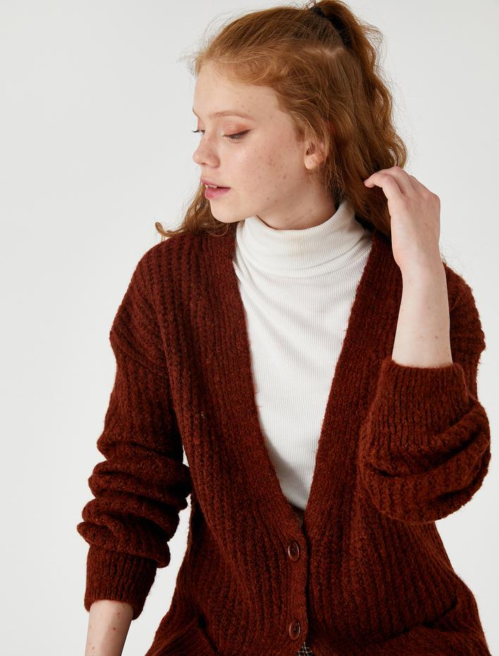  Örgü Hırka Düğmeli Uzun Kollu