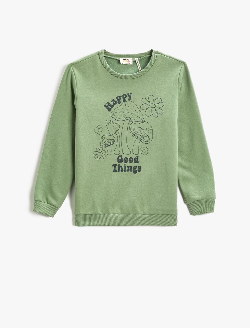  Kız Çocuk Baskılı Sweatshirt Uzun Kollu Bisiklet Yaka
