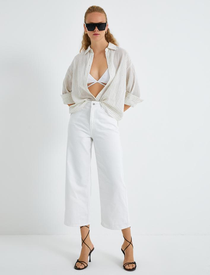  Kot Pantolon Yüksek Bel Geniş Kısa Paça Jean