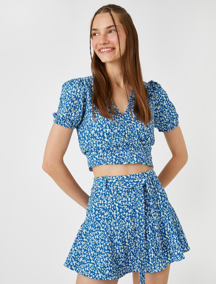  Crop Çiçekli Tişört Kısa Kollu