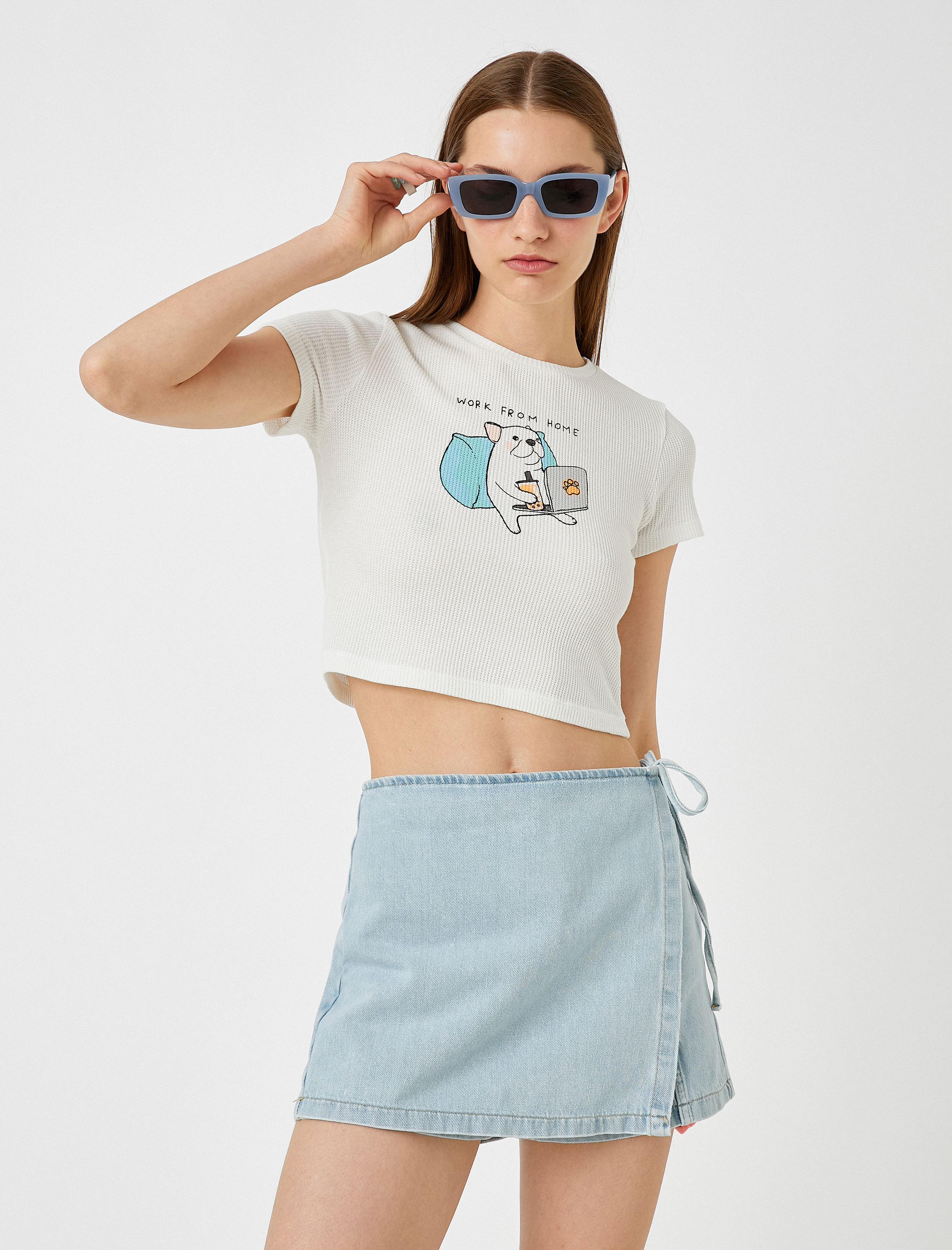   Baskılı Crop Tişört Bisiklet Yaka