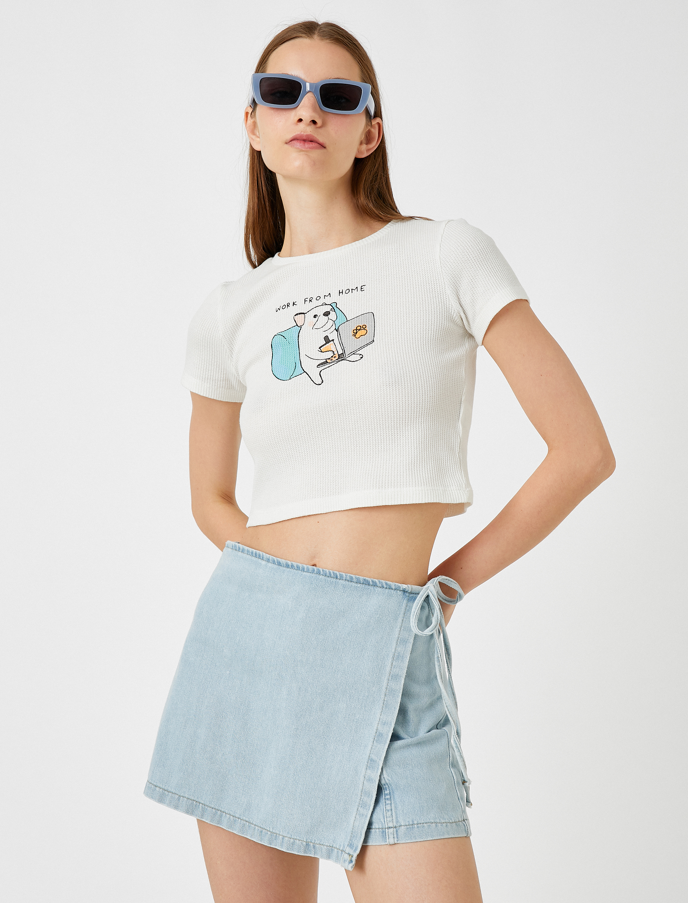   Baskılı Crop Tişört Bisiklet Yaka