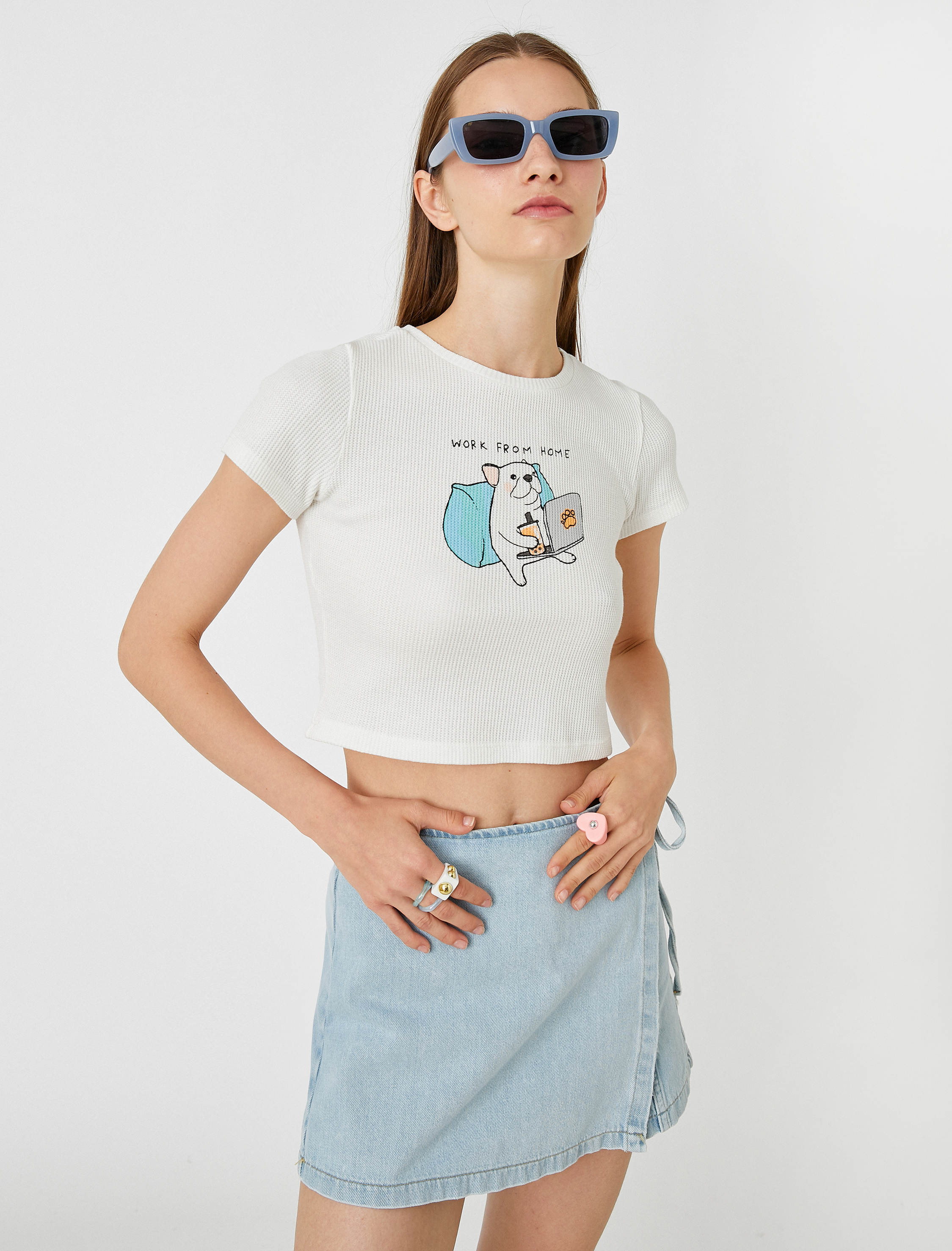   Baskılı Crop Tişört Bisiklet Yaka