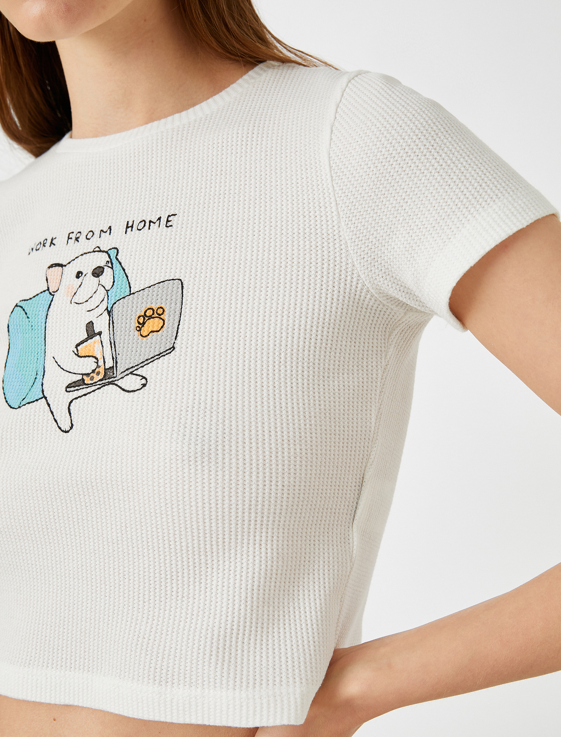   Baskılı Crop Tişört Bisiklet Yaka