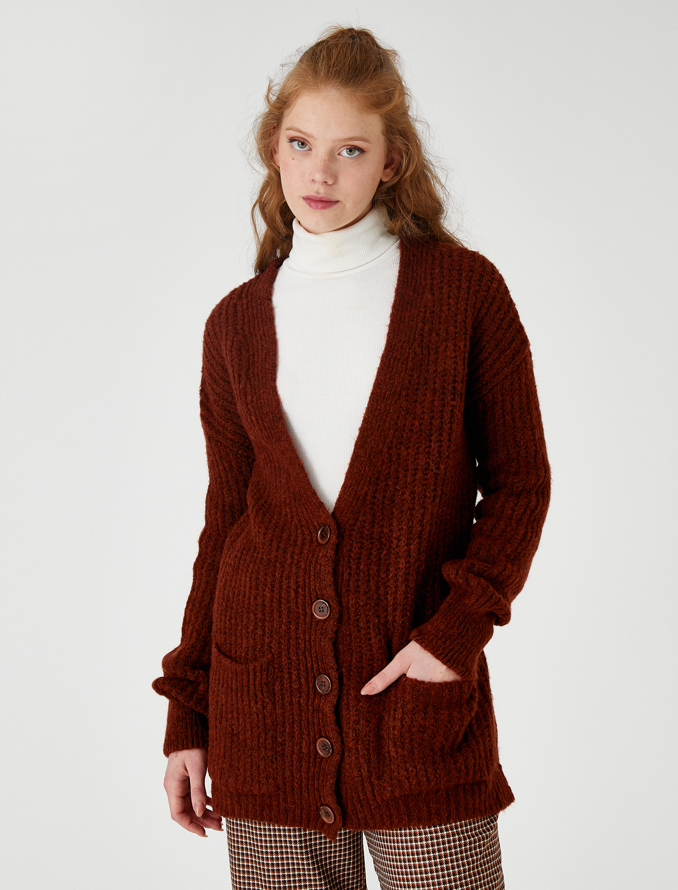   Örgü Hırka Düğmeli Uzun Kollu