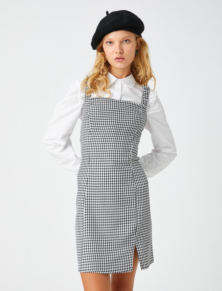  Salopet Elbise Pamuklu Yırtmaçlı Kare Yaka