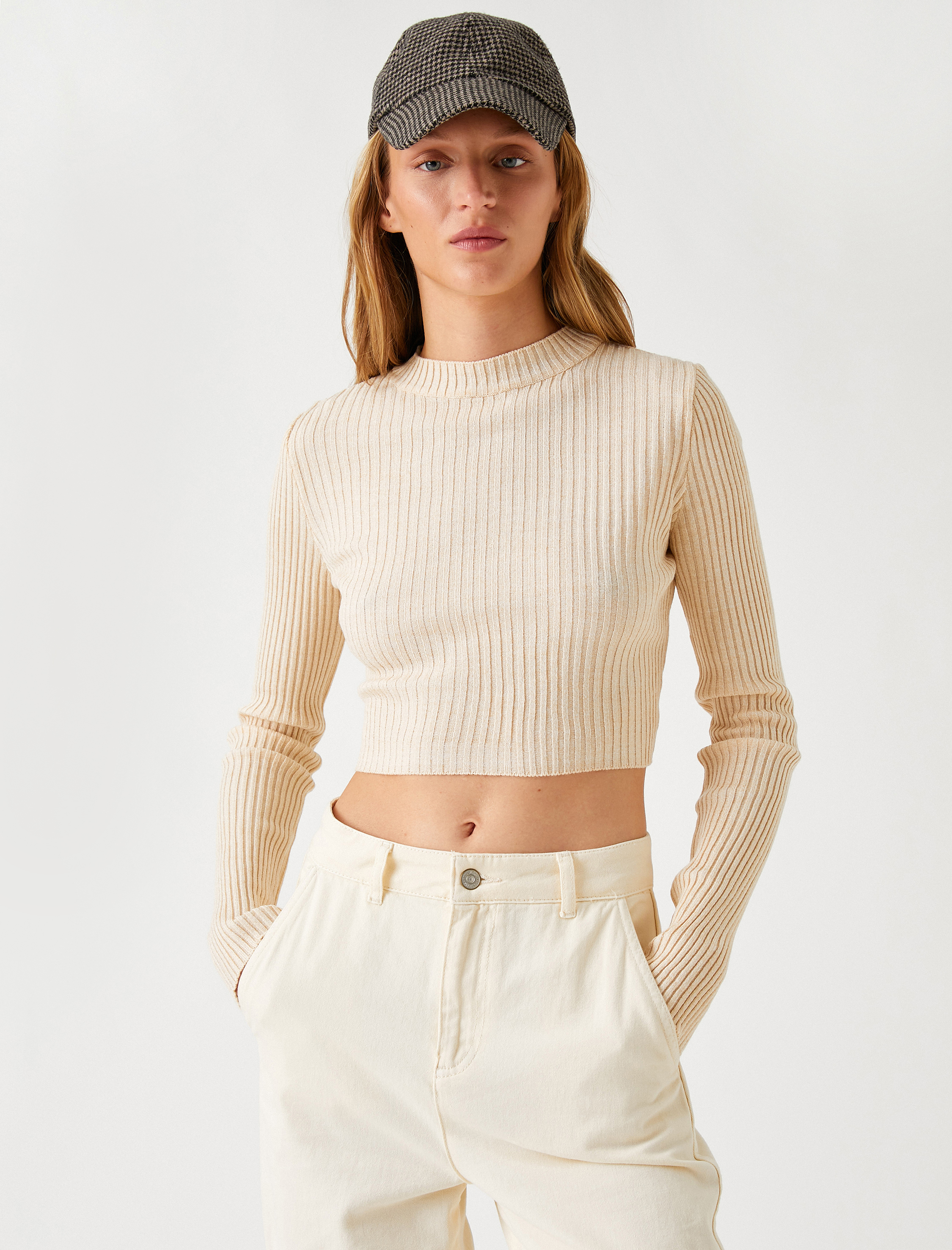   Crop Triko Kazak Bisiklet Yaka Kaşmir Dokulu