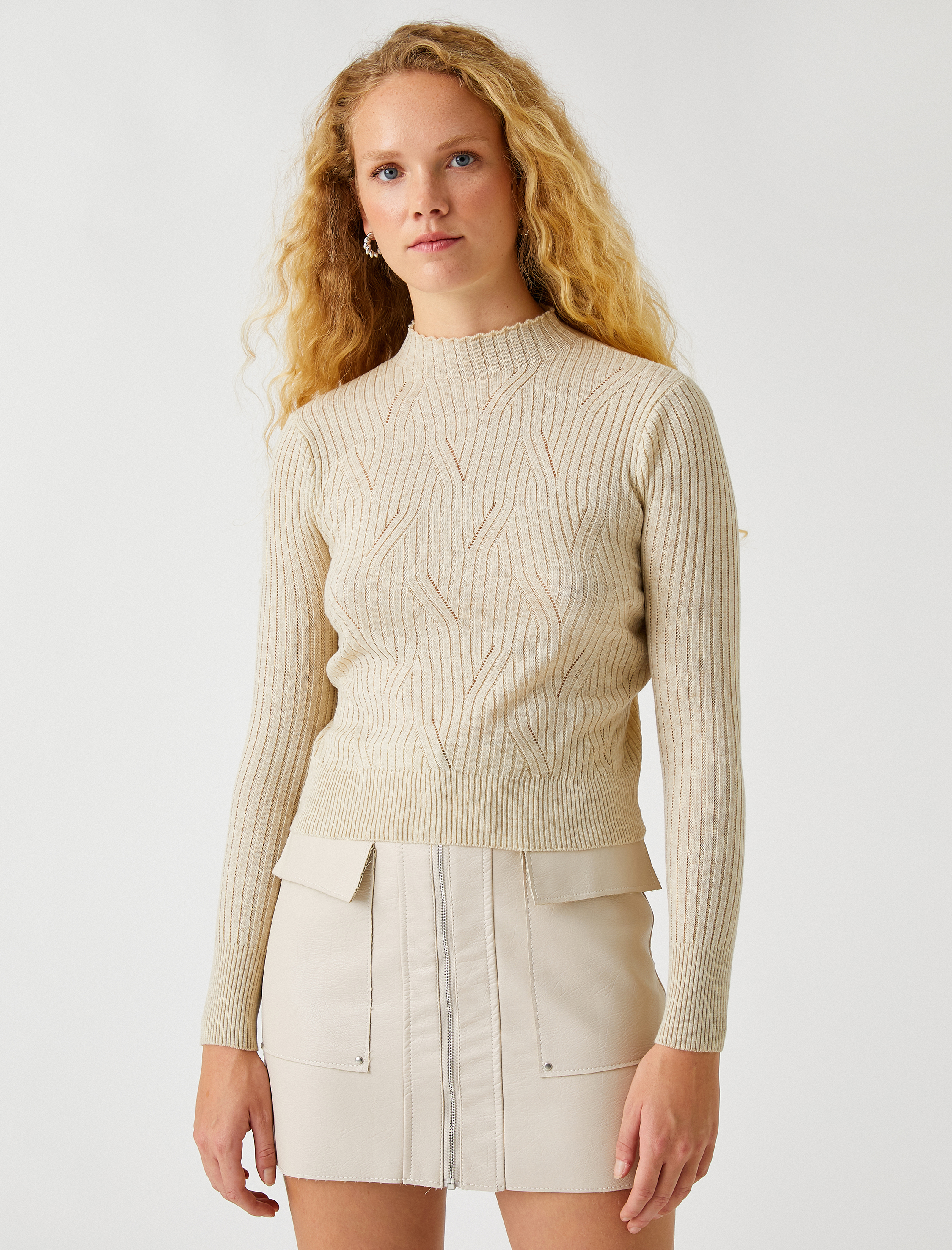   Balıkçı Yaka Kazak Örgü Desenli Kaşmir Dokulu