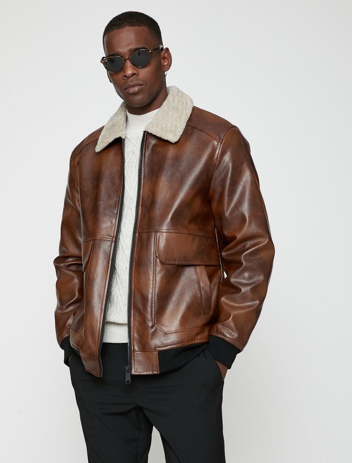  Deri Görünümlü Aviator Ceket Peluş Yaka Detaylı Su Geçirmez