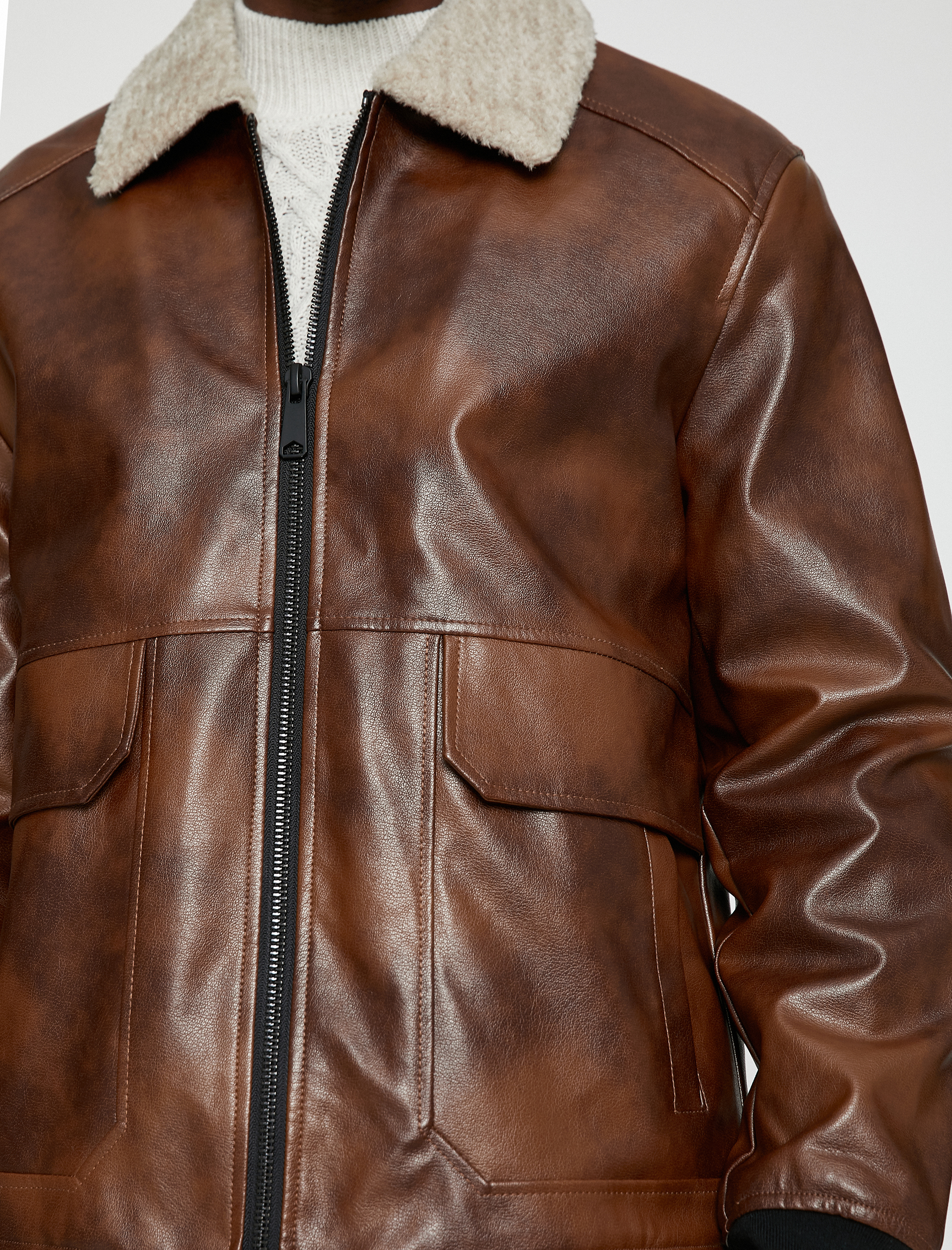 Deri Görünümlü Aviator Ceket Peluş Yaka Detaylı Su Geçirmez